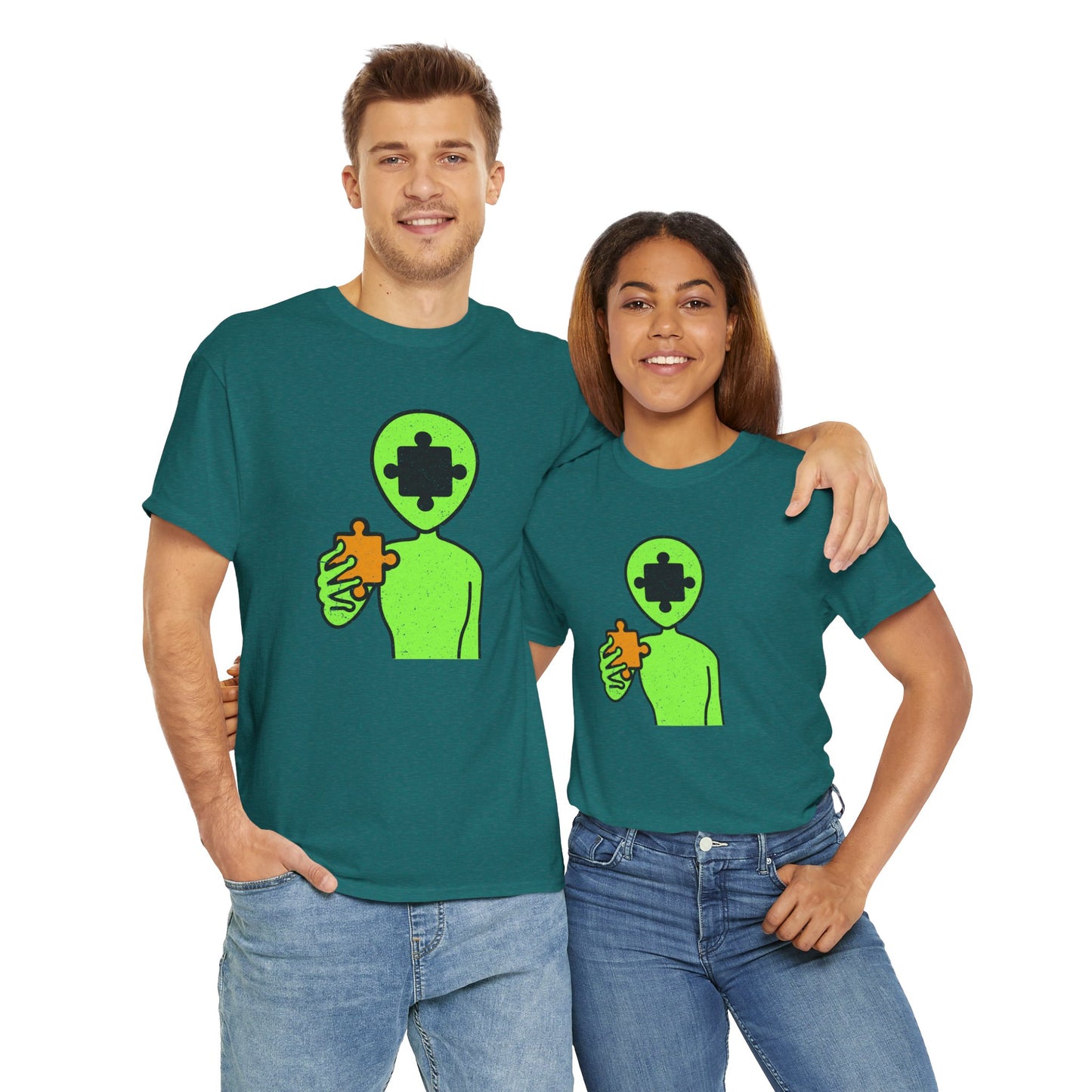 Alien Puzzle Piece T-Shirt – Distressed Cosmic Design – Unisex Heavy Cotton Shirt for Life’s Mysteries