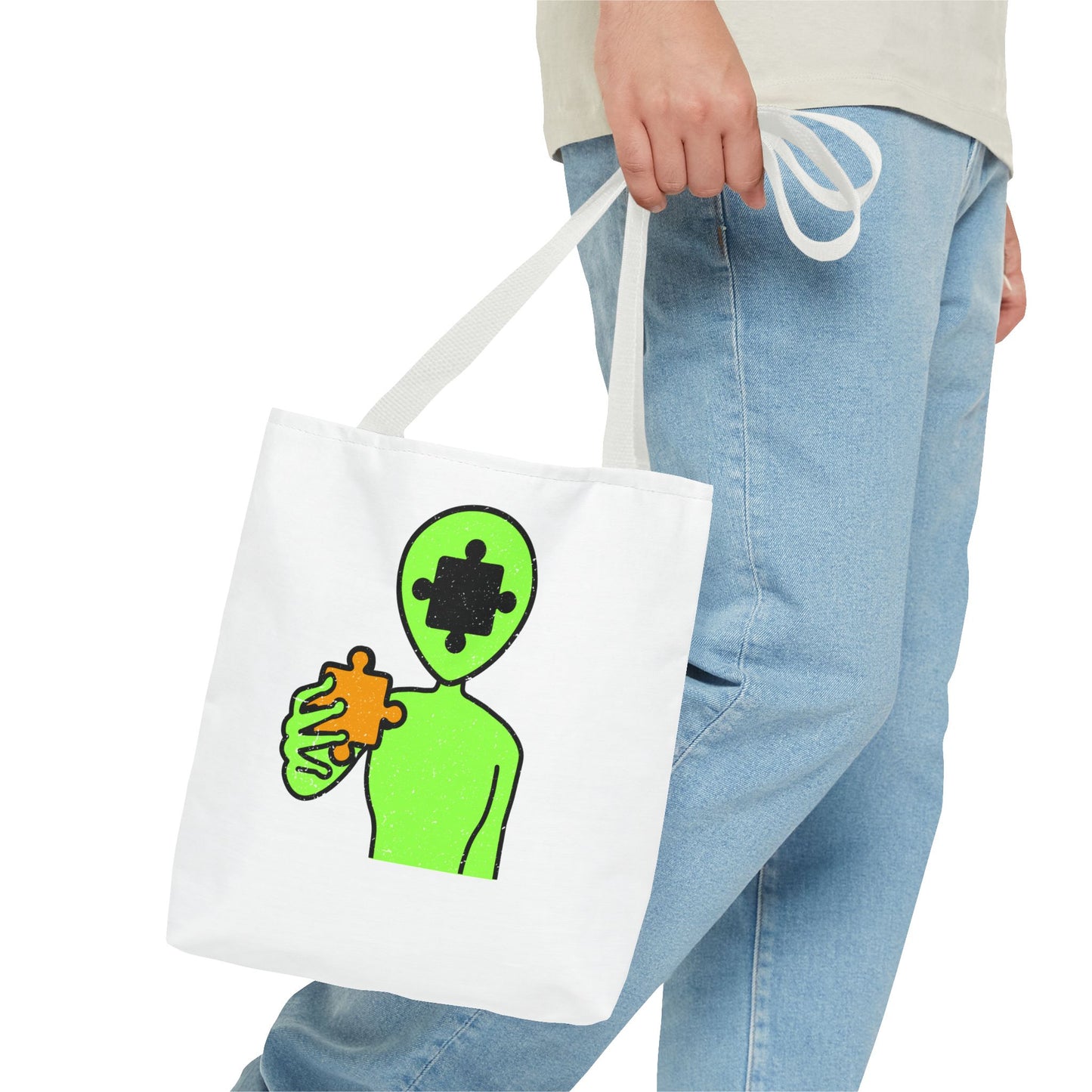 Distressed Tote Bag – Alien Puzzle Piece & Cow Abduction Design with ‘Fly’ Theme