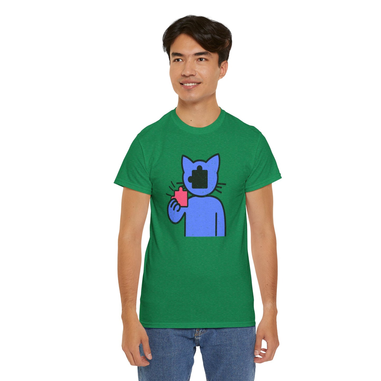 Cat Puzzle Piece T-Shirt – Life’s Epic Journey Distressed Graphic Tee – Unisex Heavy Cotton Shirt – Mix & Match to Create Your Own Unique Style