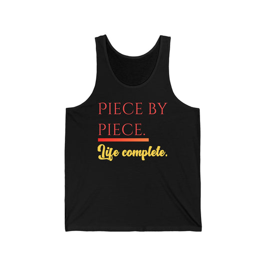 Piece by Piece Unisex Jersey Tank – Life Complete Graphic Tank Top by Trash Cat Tee's