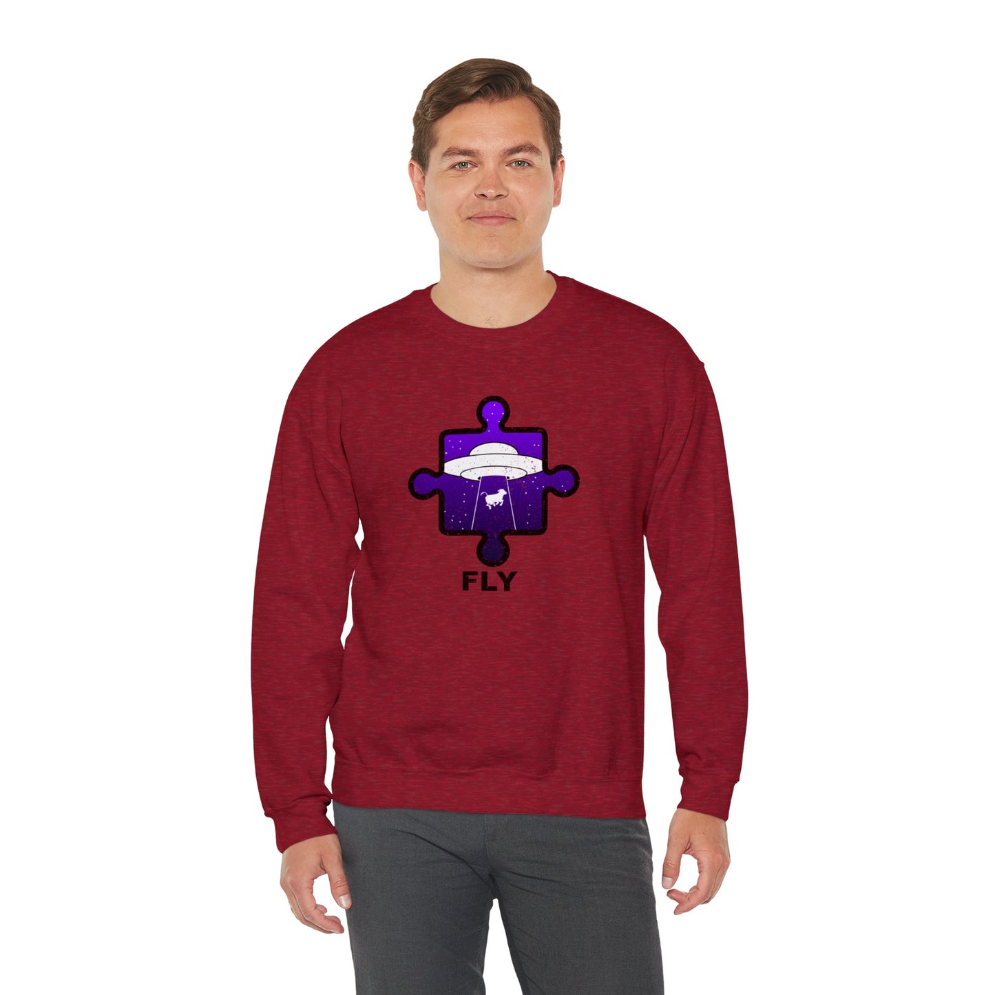 Distressed Crewneck Sweatshirt – Cow & UFO Puzzle Piece with ‘Fly’ Theme