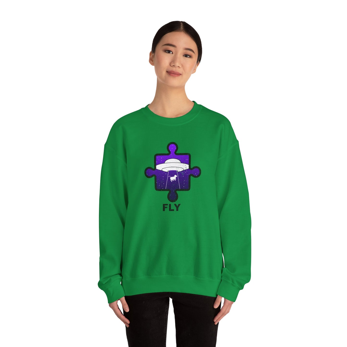 Distressed Crewneck Sweatshirt – Cow & UFO Puzzle Piece with ‘Fly’ Theme