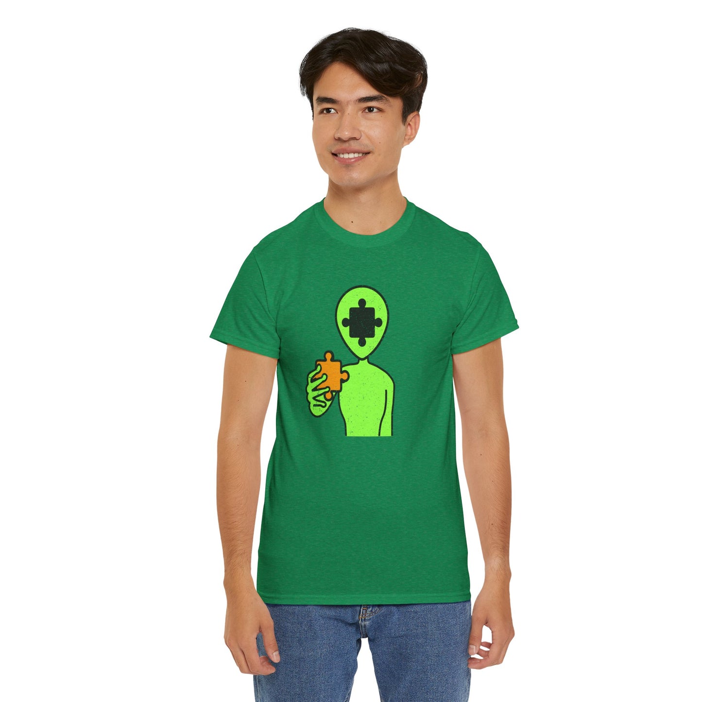 Alien Puzzle Piece T-Shirt – Distressed Cosmic Design – Unisex Heavy Cotton Shirt for Life’s Mysteries