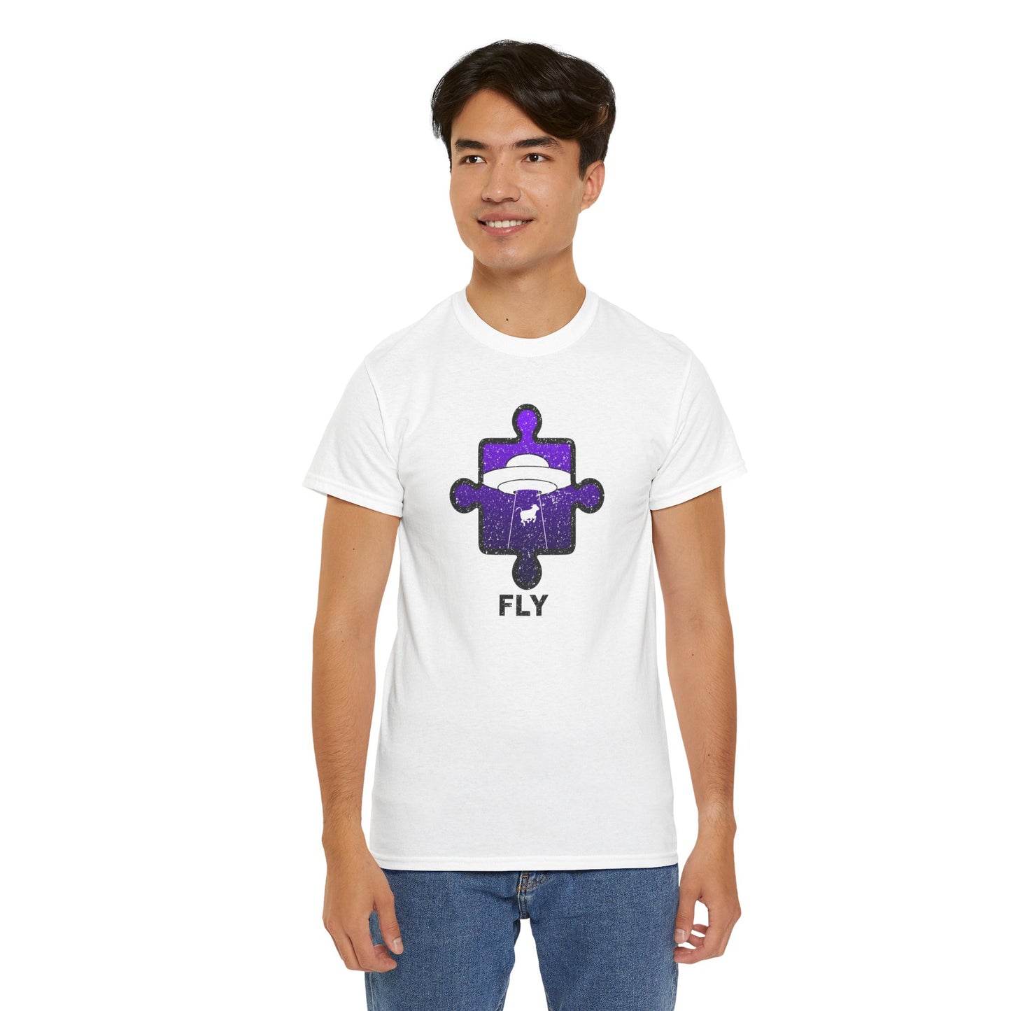 UFO Cow Abduction T-Shirt – ‘Fly’ Puzzle Piece Graphic Tee – Unisex Heavy Cotton Shirt Distressed Design