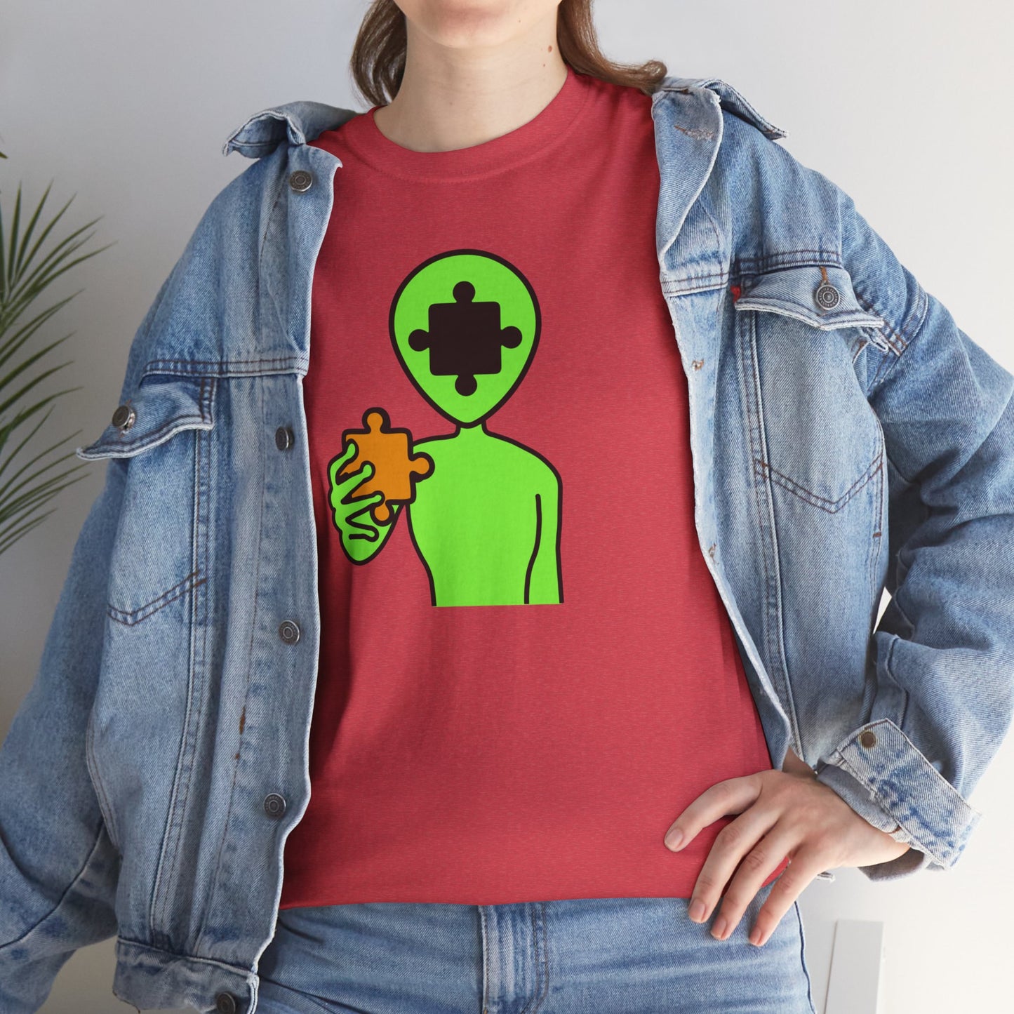 Alien Puzzle Piece T-Shirt – Clean Cosmic Design – Unisex Heavy Cotton Shirt for Life’s Mysteries