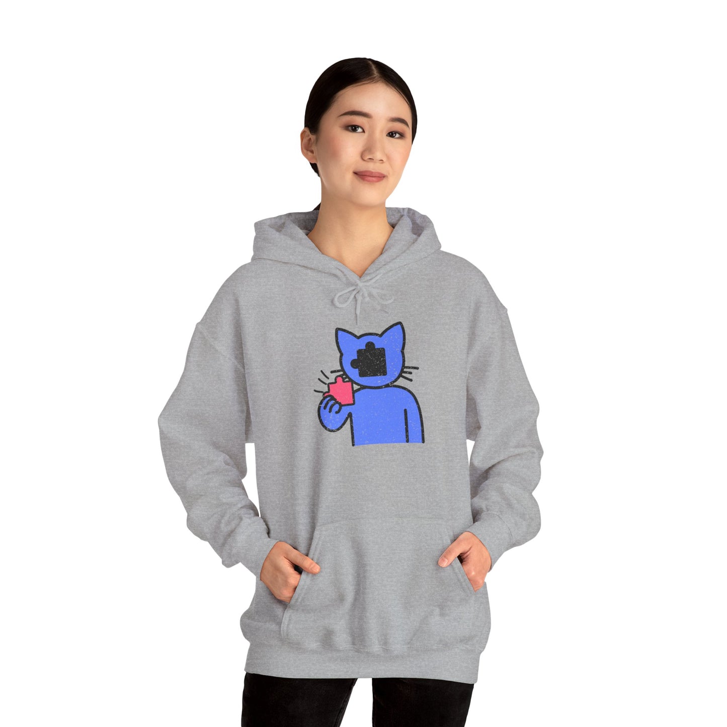 Cat Puzzle Piece Hoodie – Distressed Graphic Pullover – Cozy Unisex Hooded Sweatshirt for Puzzle Lovers