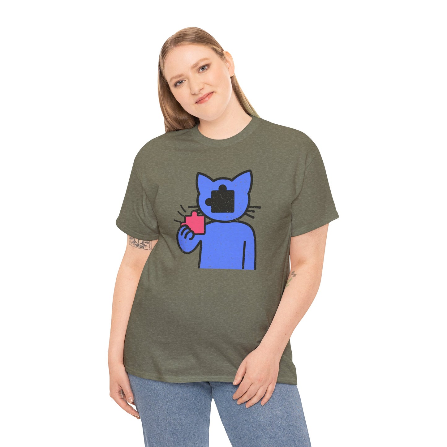 Cat Puzzle Piece T-Shirt – Life’s Epic Journey Distressed Graphic Tee – Unisex Heavy Cotton Shirt – Mix & Match to Create Your Own Unique Style