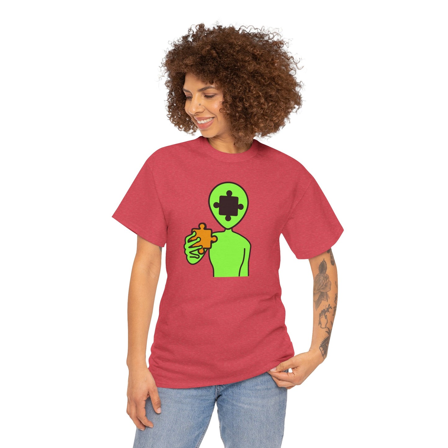 Alien Puzzle Piece T-Shirt – Clean Cosmic Design – Unisex Heavy Cotton Shirt for Life’s Mysteries