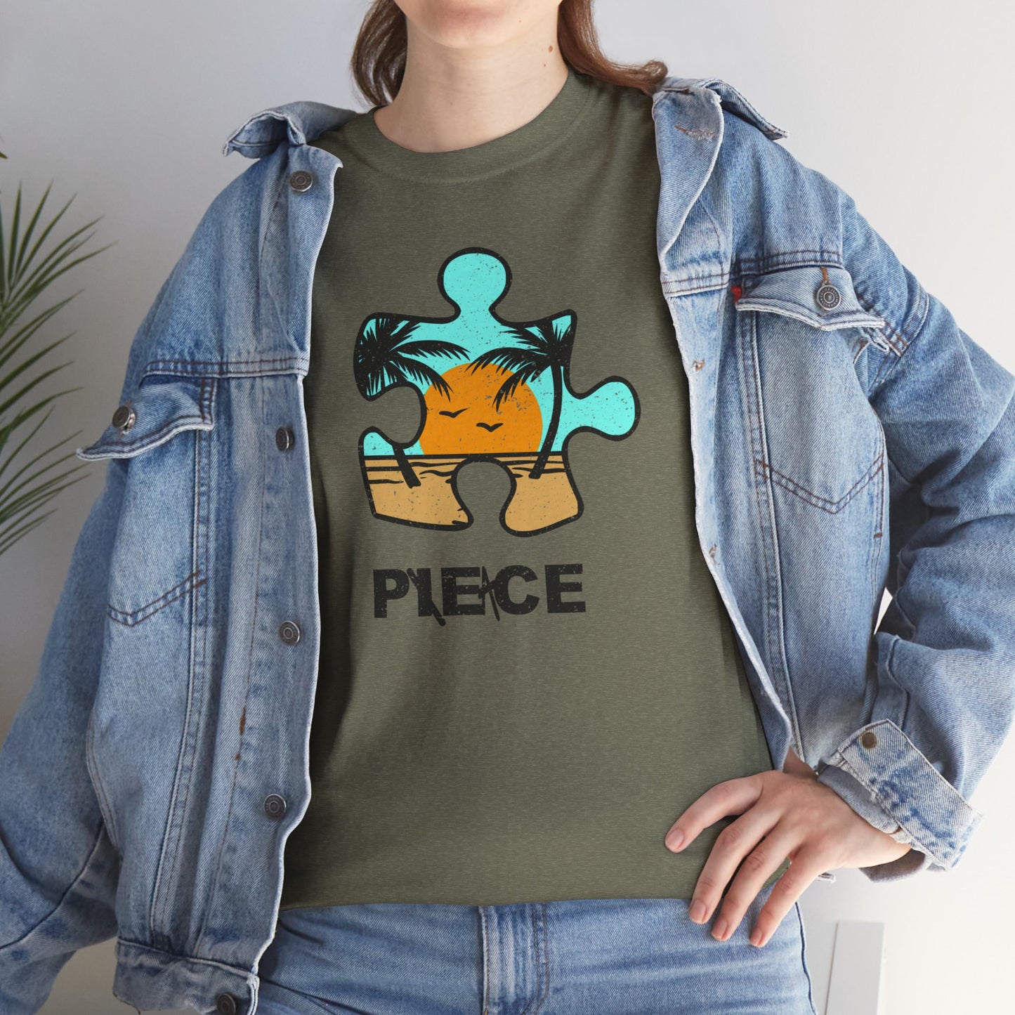 Peace Puzzle Piece T-Shirt – Distressed Beach Graphic Tee – Unisex Heavy Cotton Shirt for Tranquil Vibes