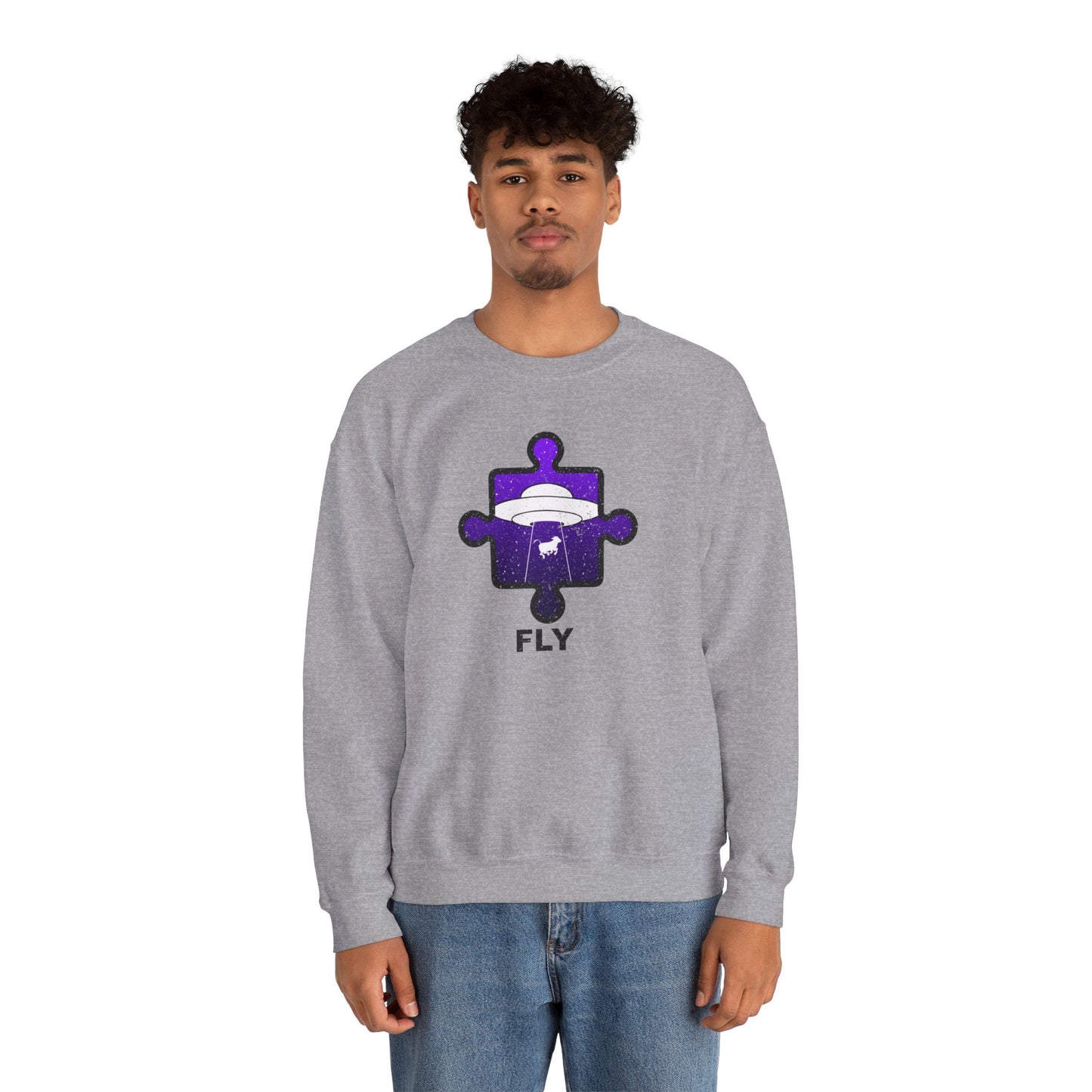 Distressed Crewneck Sweatshirt – Cow & UFO Puzzle Piece with ‘Fly’ Theme