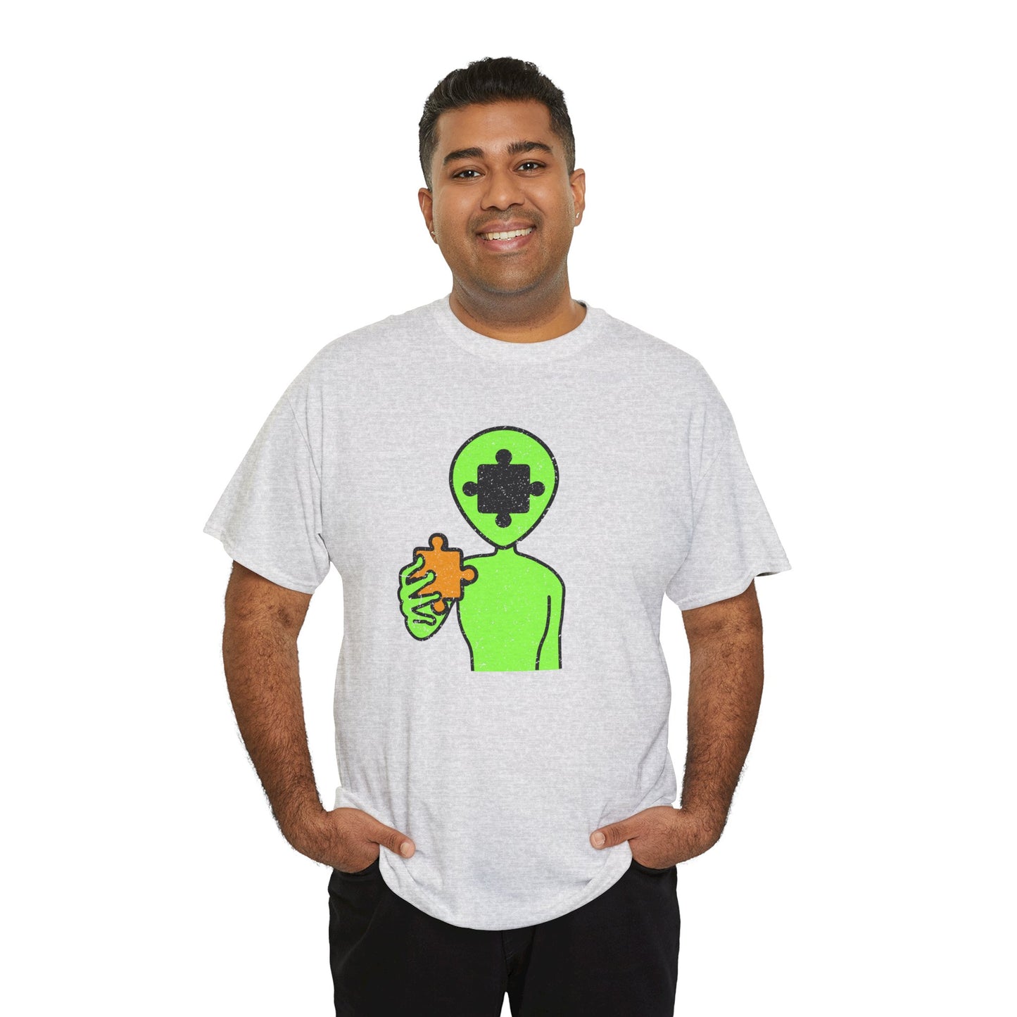 Alien Puzzle Piece T-Shirt – Distressed Cosmic Design – Unisex Heavy Cotton Shirt for Life’s Mysteries