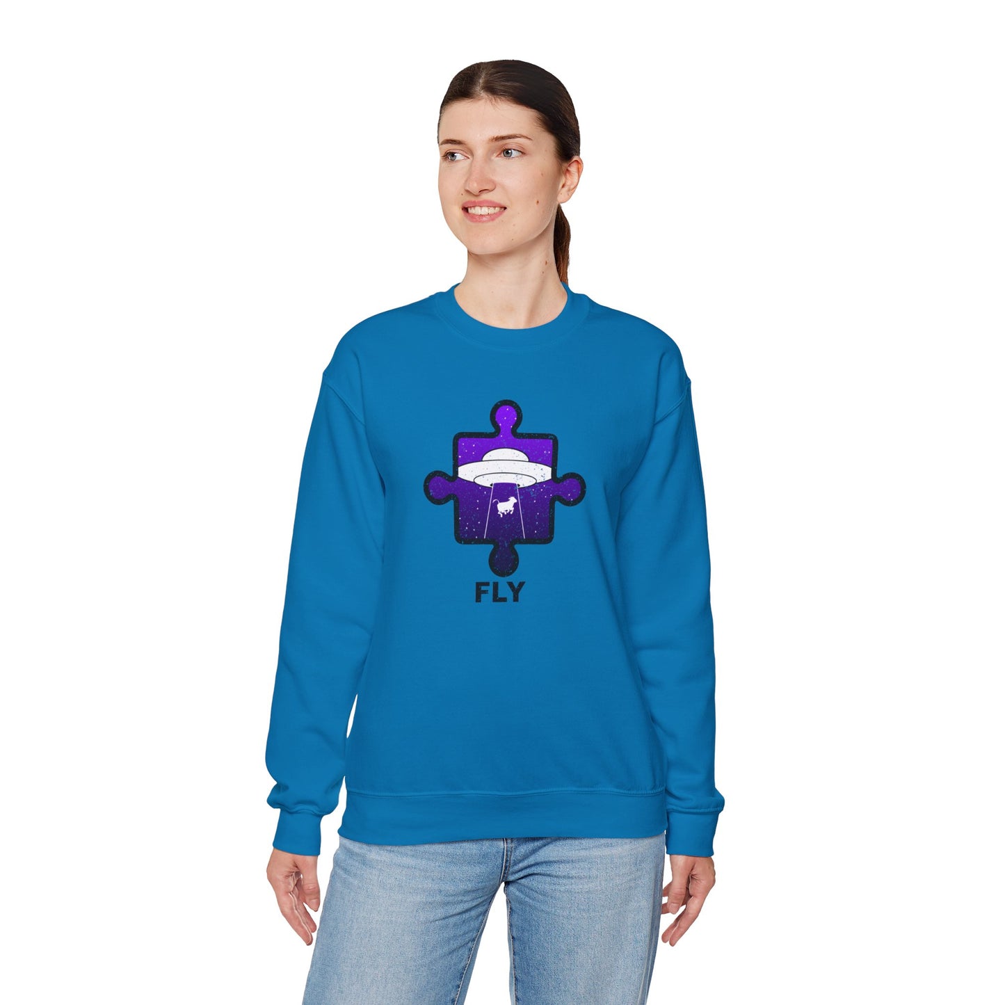 Distressed Crewneck Sweatshirt – Cow & UFO Puzzle Piece with ‘Fly’ Theme