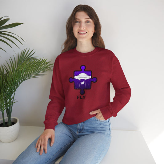 Distressed Crewneck Sweatshirt – Cow & UFO Puzzle Piece with ‘Fly’ Theme