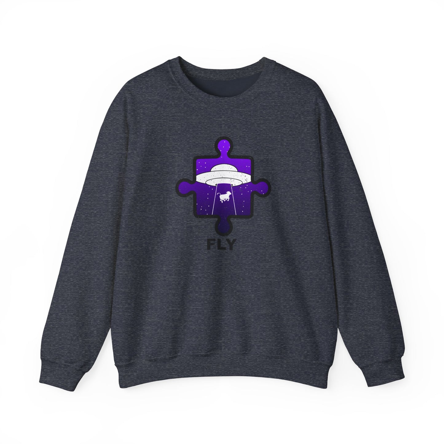 Distressed Crewneck Sweatshirt – Cow & UFO Puzzle Piece with ‘Fly’ Theme