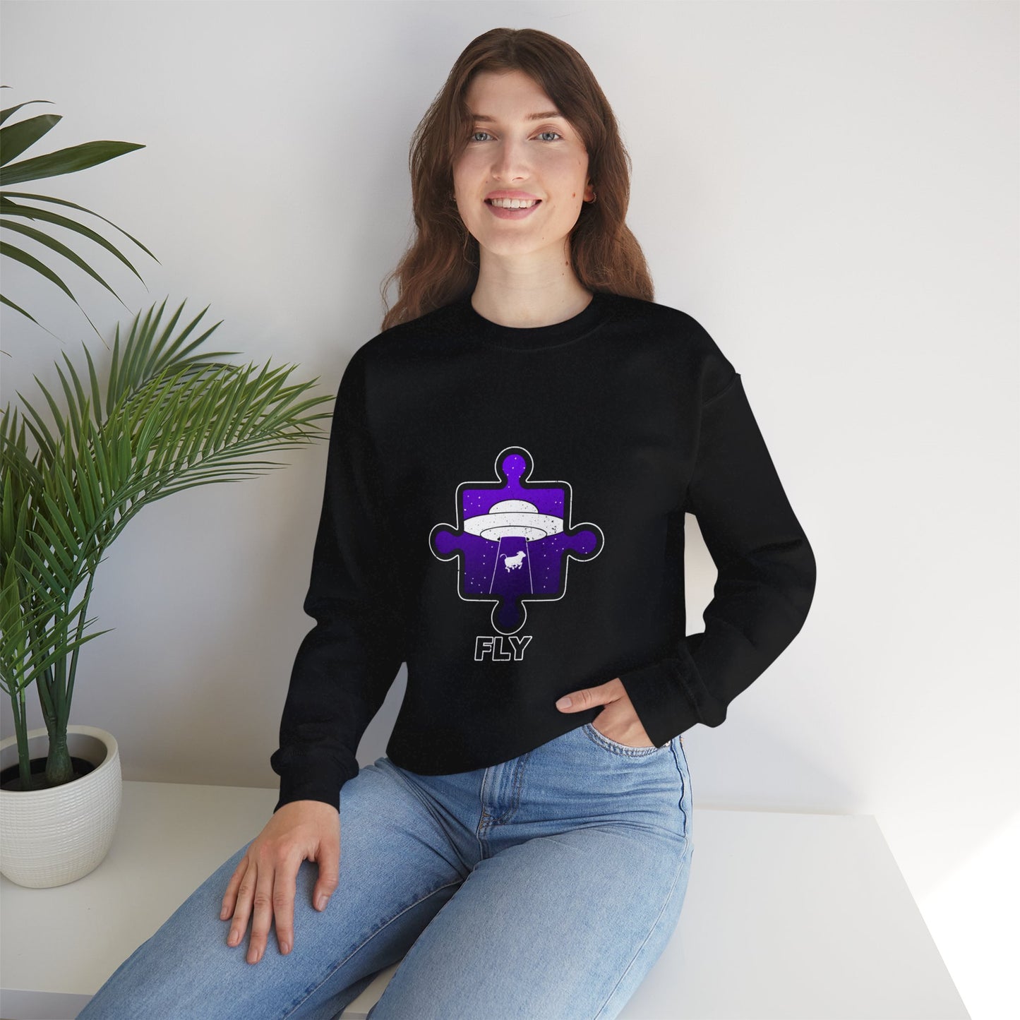 Distressed Crewneck Sweatshirt – Cow & UFO Puzzle Piece with ‘Fly’ Theme