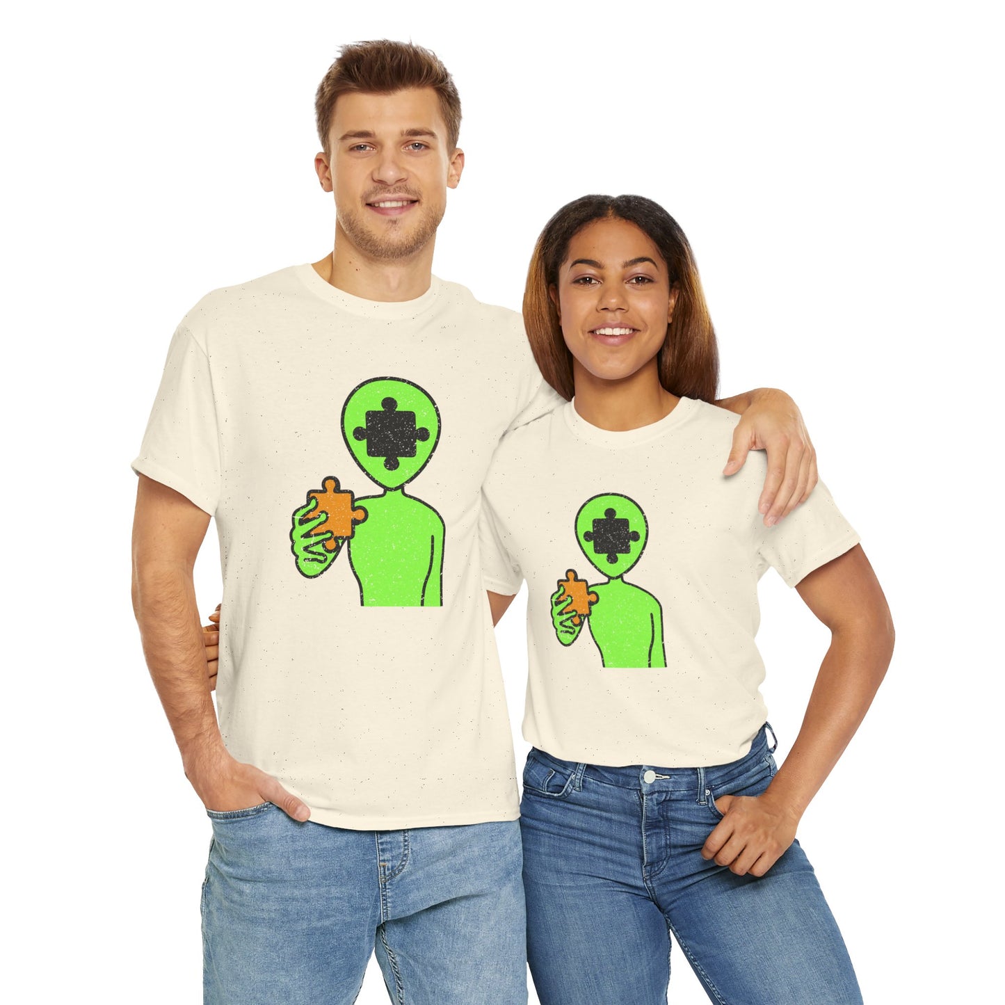 Alien Puzzle Piece T-Shirt – Distressed Cosmic Design – Unisex Heavy Cotton Shirt for Life’s Mysteries