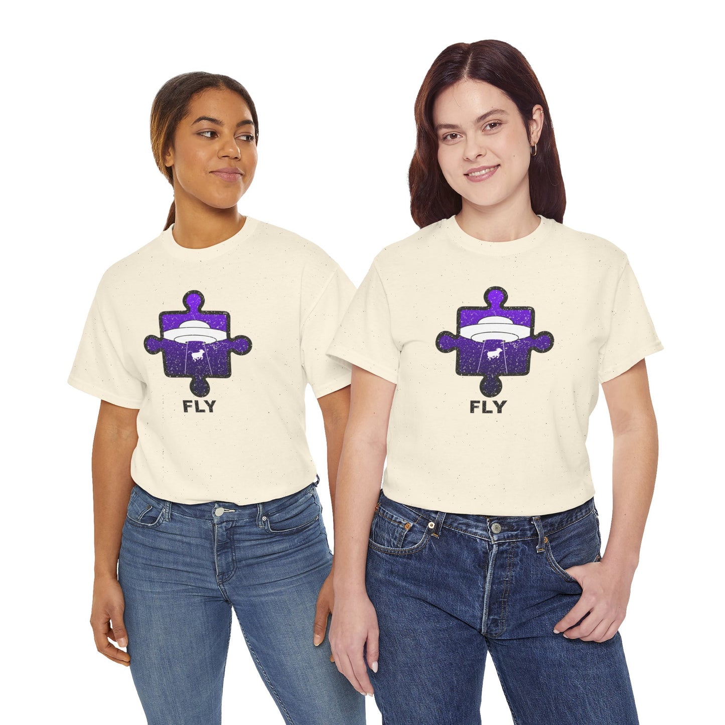 UFO Cow Abduction T-Shirt – ‘Fly’ Puzzle Piece Graphic Tee – Unisex Heavy Cotton Shirt Distressed Design