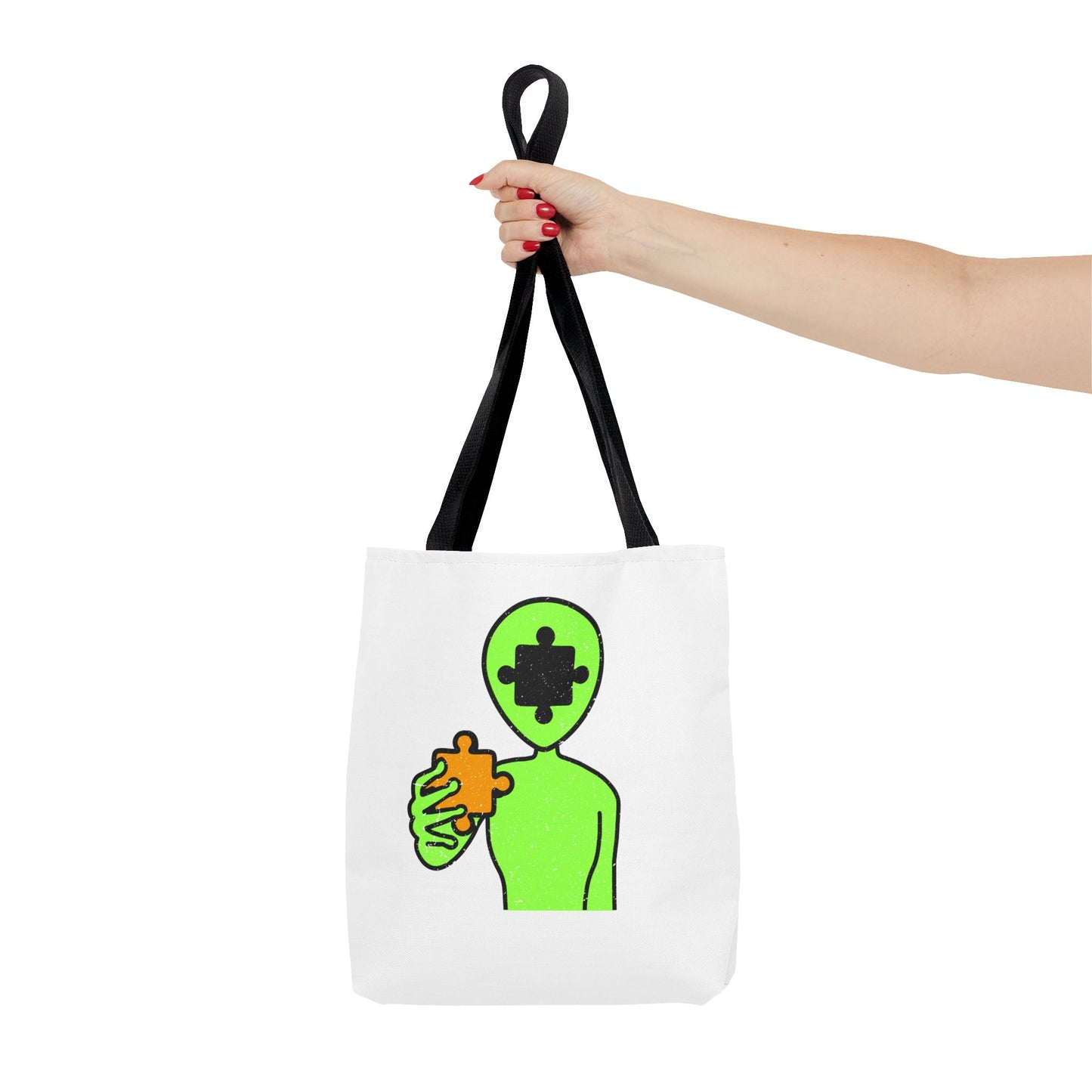 Distressed Tote Bag – Alien Puzzle Piece & Cow Abduction Design with ‘Fly’ Theme