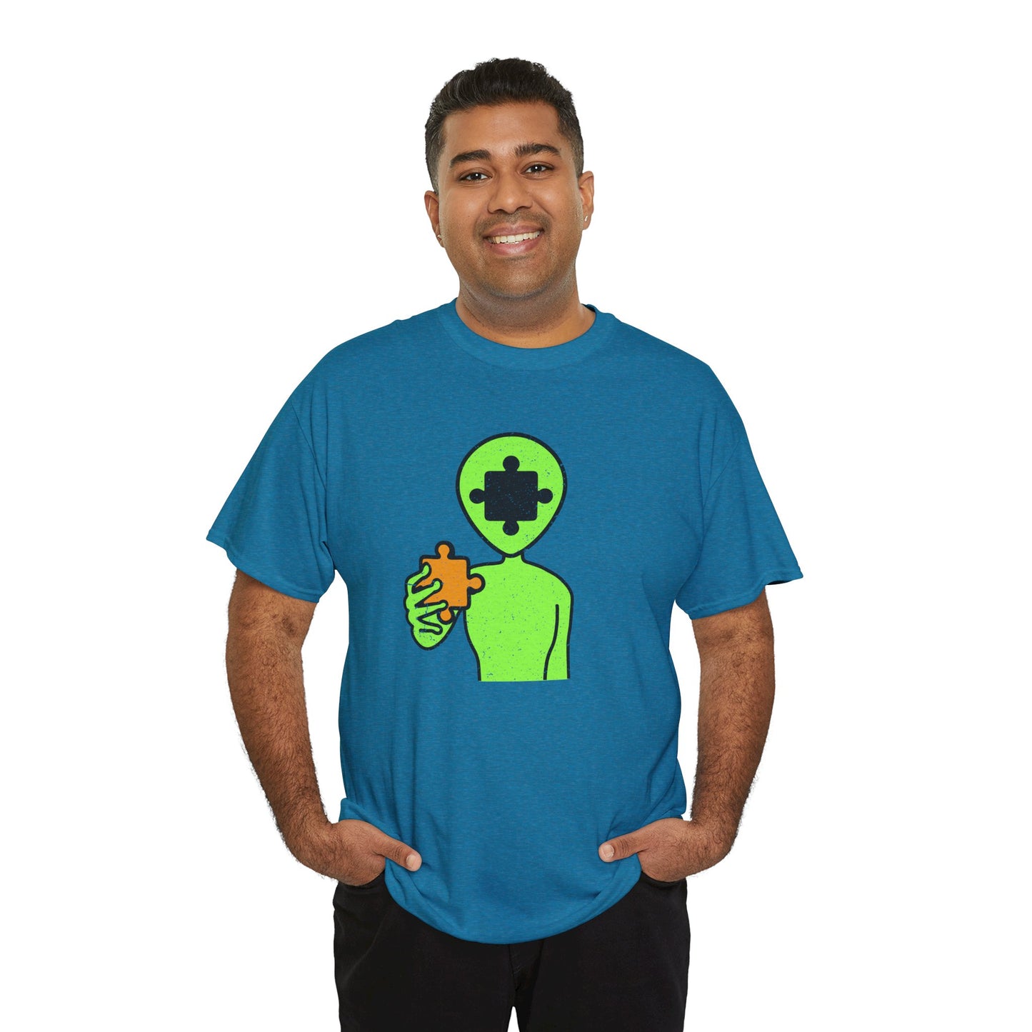 Alien Puzzle Piece T-Shirt – Distressed Cosmic Design – Unisex Heavy Cotton Shirt for Life’s Mysteries