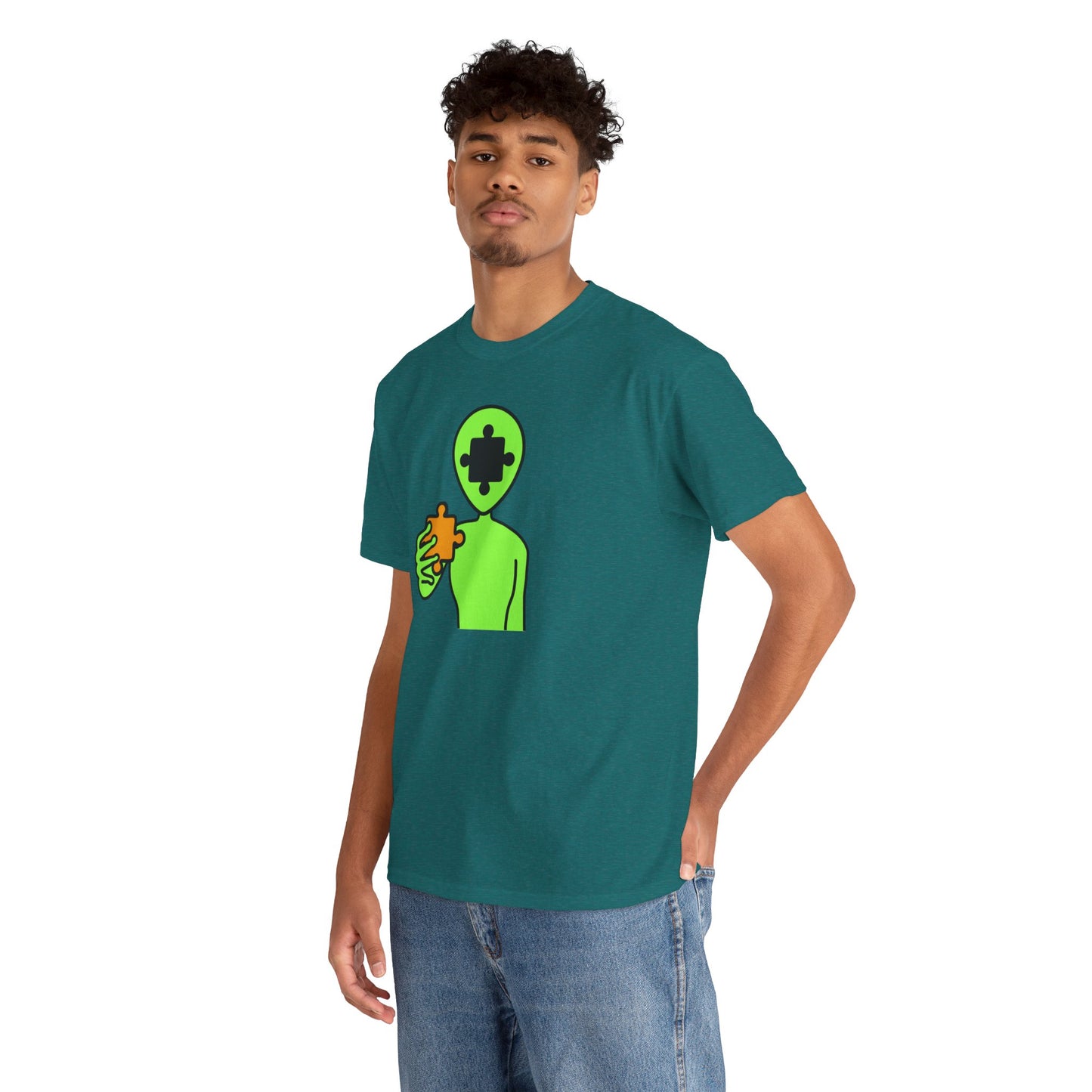 Alien Puzzle Piece T-Shirt – Clean Cosmic Design – Unisex Heavy Cotton Shirt for Life’s Mysteries