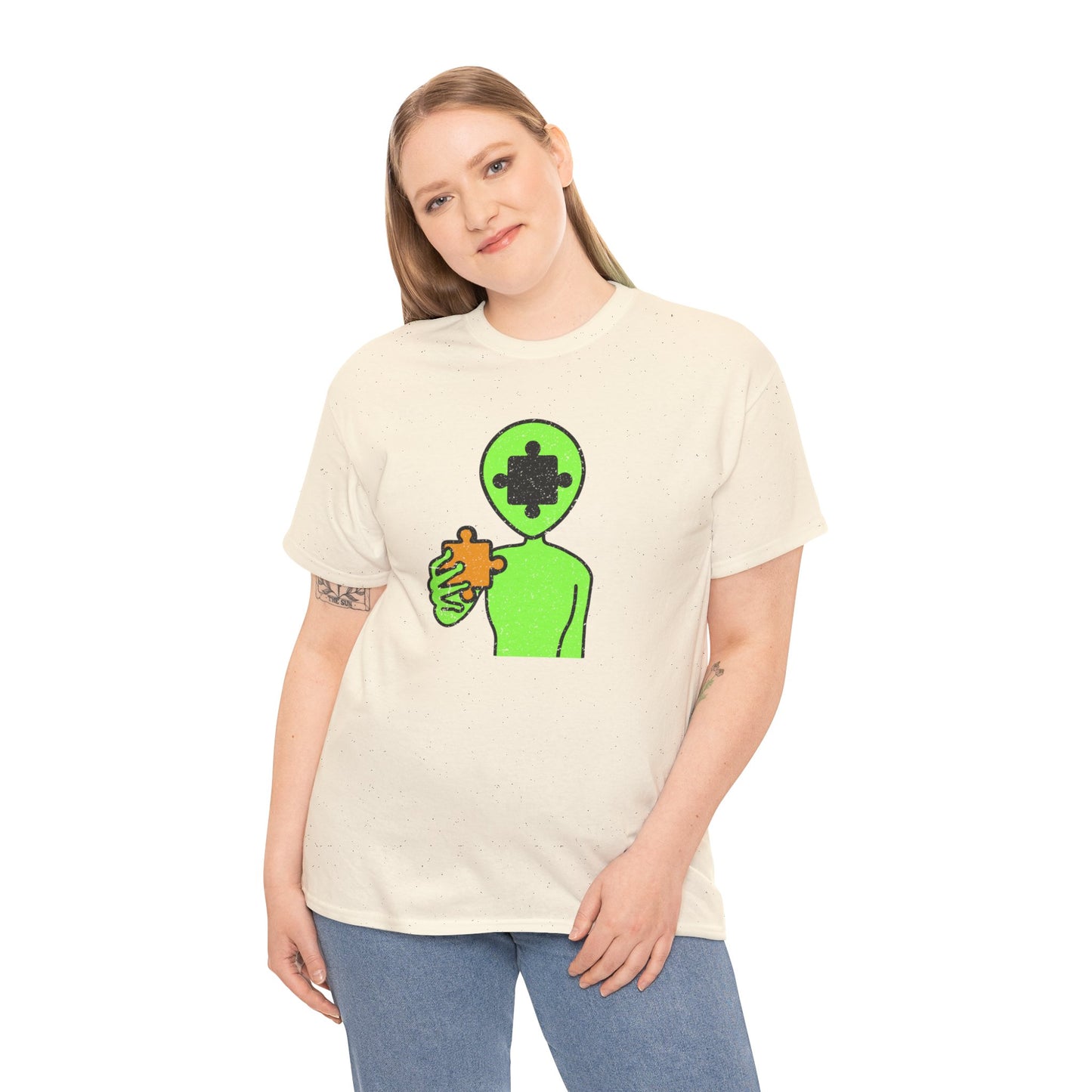 Alien Puzzle Piece T-Shirt – Distressed Cosmic Design – Unisex Heavy Cotton Shirt for Life’s Mysteries