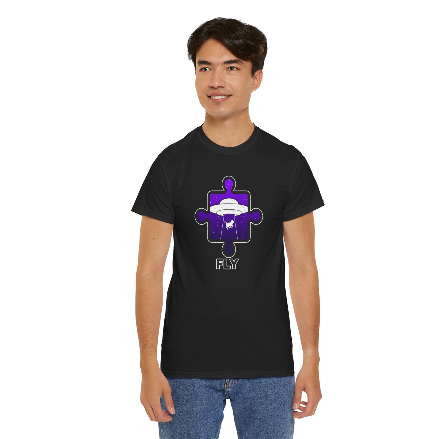 UFO Cow Abduction T-Shirt – ‘Fly’ Puzzle Piece Graphic Tee – Unisex Heavy Cotton Shirt Distressed Design