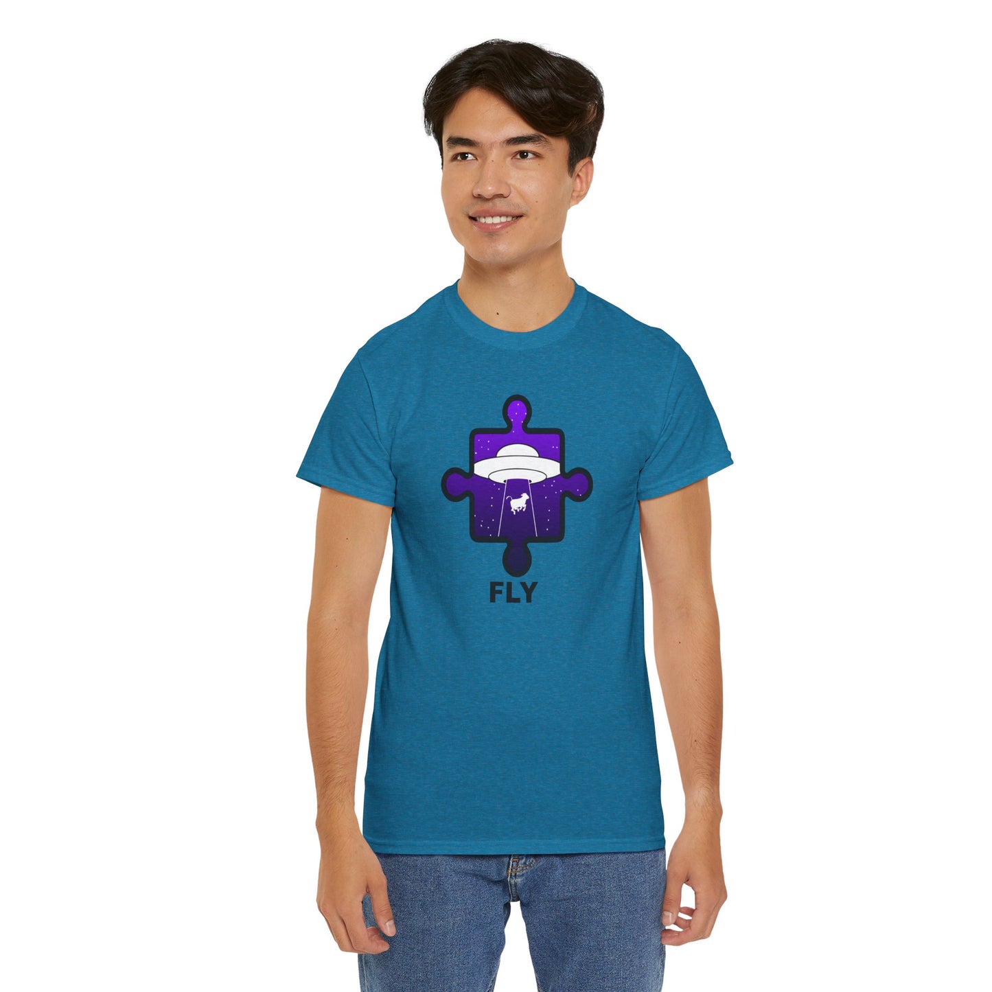 UFO Cow Abduction Puzzle Piece T-Shirt – ‘Fly’ Graphic Tee – Non-Distressed Design