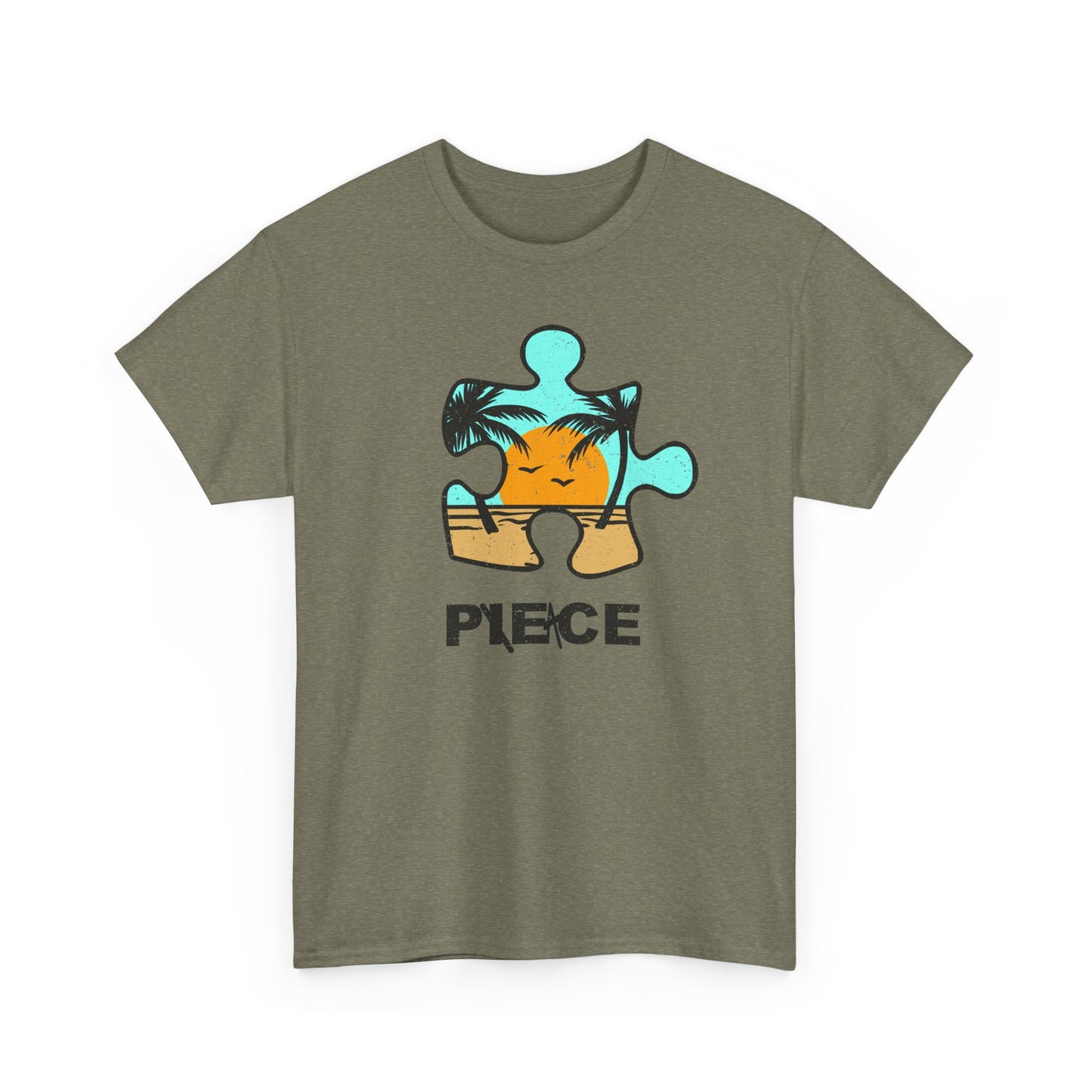 Peace Puzzle Piece T-Shirt – Distressed Beach Graphic Tee – Unisex Heavy Cotton Shirt for Tranquil Vibes