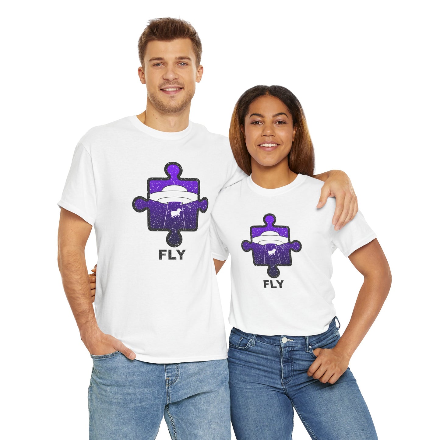 UFO Cow Abduction T-Shirt – ‘Fly’ Puzzle Piece Graphic Tee – Unisex Heavy Cotton Shirt Distressed Design