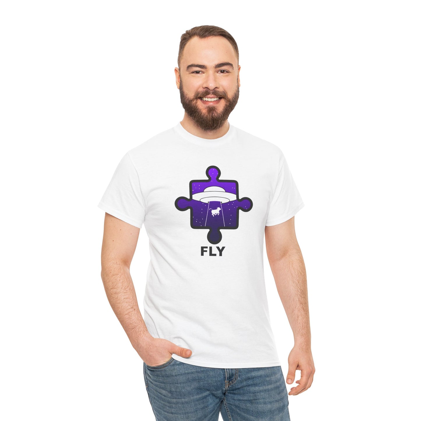 UFO Cow Abduction Puzzle Piece T-Shirt – ‘Fly’ Graphic Tee – Non-Distressed Design