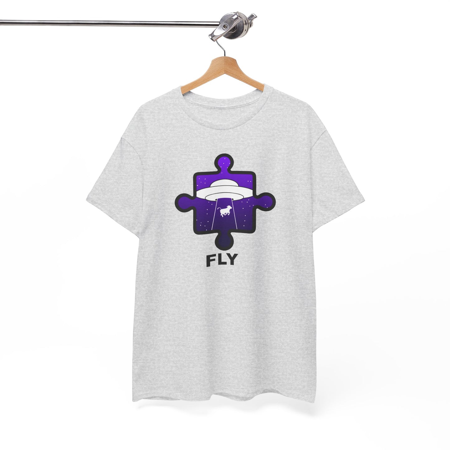 UFO Cow Abduction Puzzle Piece T-Shirt – ‘Fly’ Graphic Tee – Non-Distressed Design