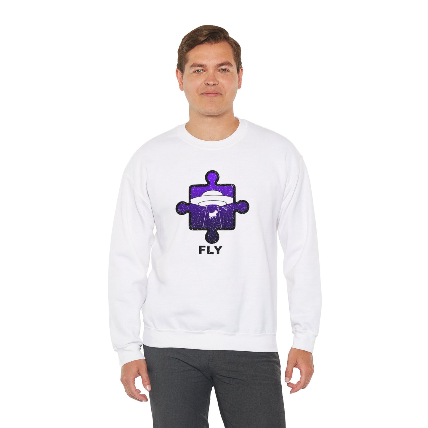 Distressed Crewneck Sweatshirt – Cow & UFO Puzzle Piece with ‘Fly’ Theme