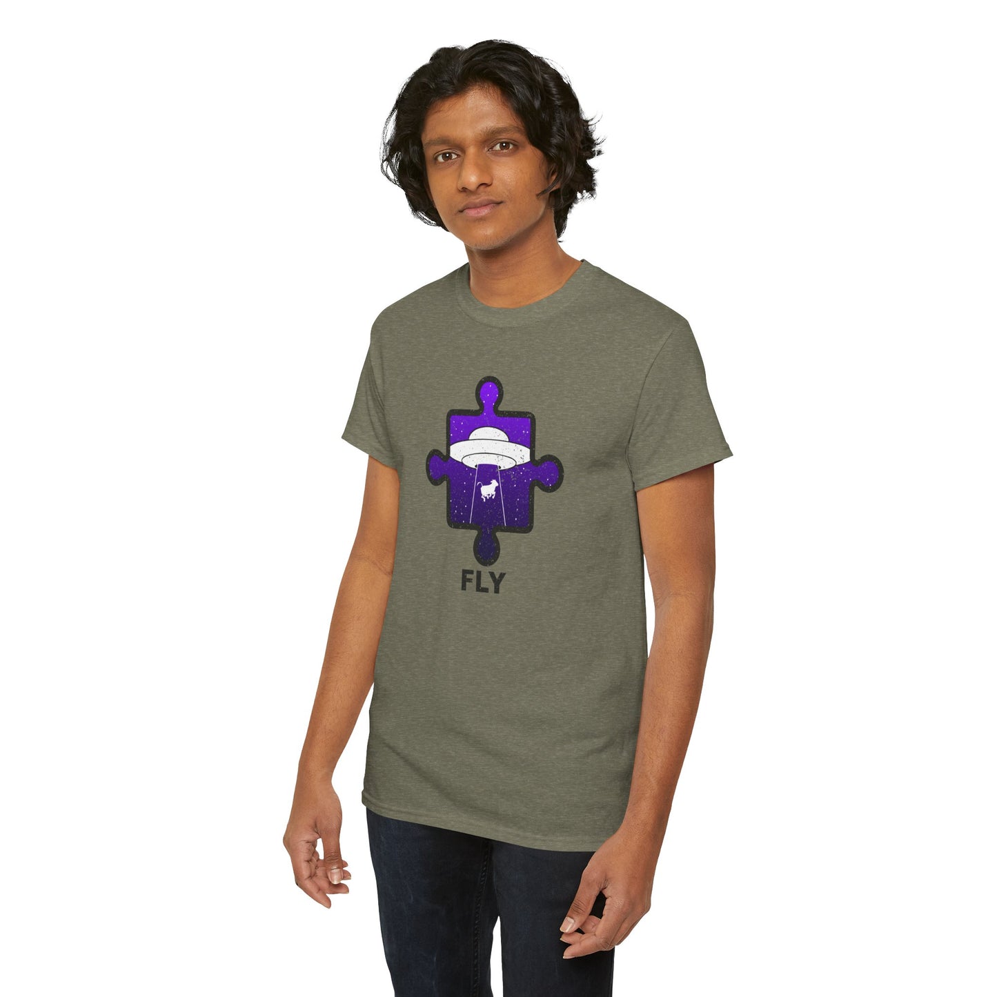 UFO Cow Abduction T-Shirt – ‘Fly’ Puzzle Piece Graphic Tee – Unisex Heavy Cotton Shirt Distressed Design