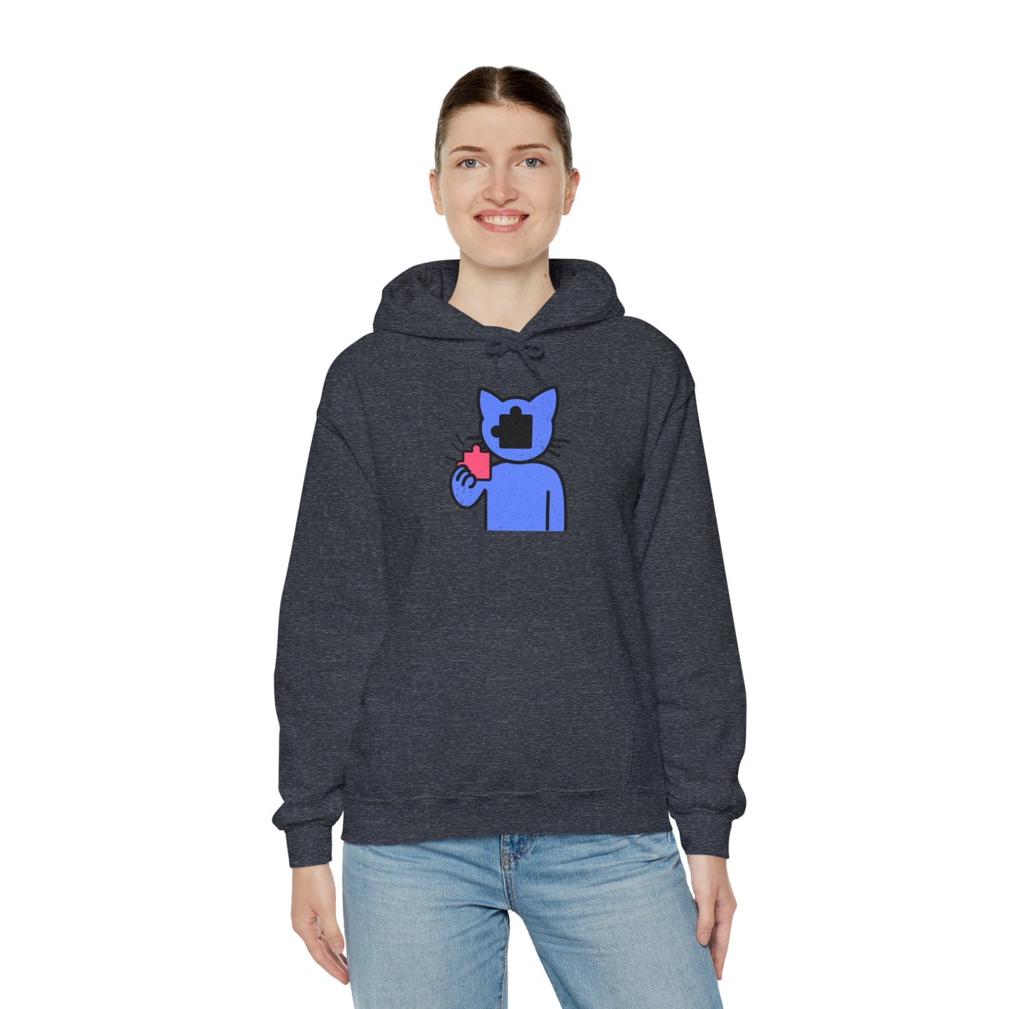 Cat Puzzle Piece Hoodie – Distressed Graphic Pullover – Cozy Unisex Hooded Sweatshirt for Puzzle Lovers