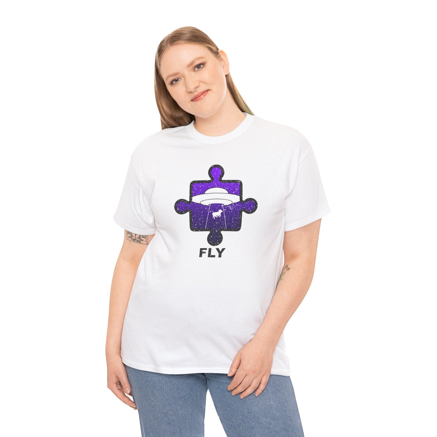 UFO Cow Abduction T-Shirt – ‘Fly’ Puzzle Piece Graphic Tee – Unisex Heavy Cotton Shirt Distressed Design