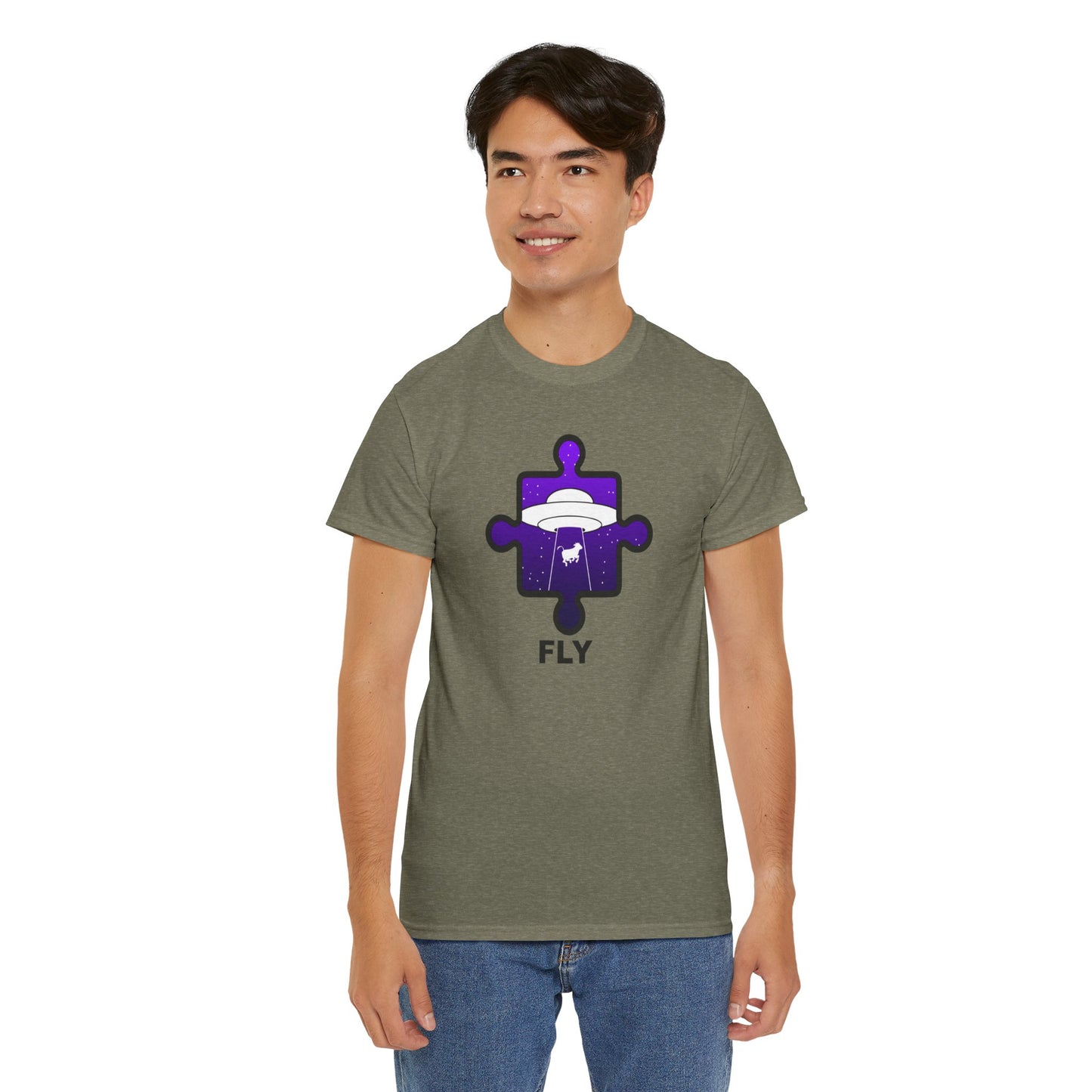 UFO Cow Abduction Puzzle Piece T-Shirt – ‘Fly’ Graphic Tee – Non-Distressed Design