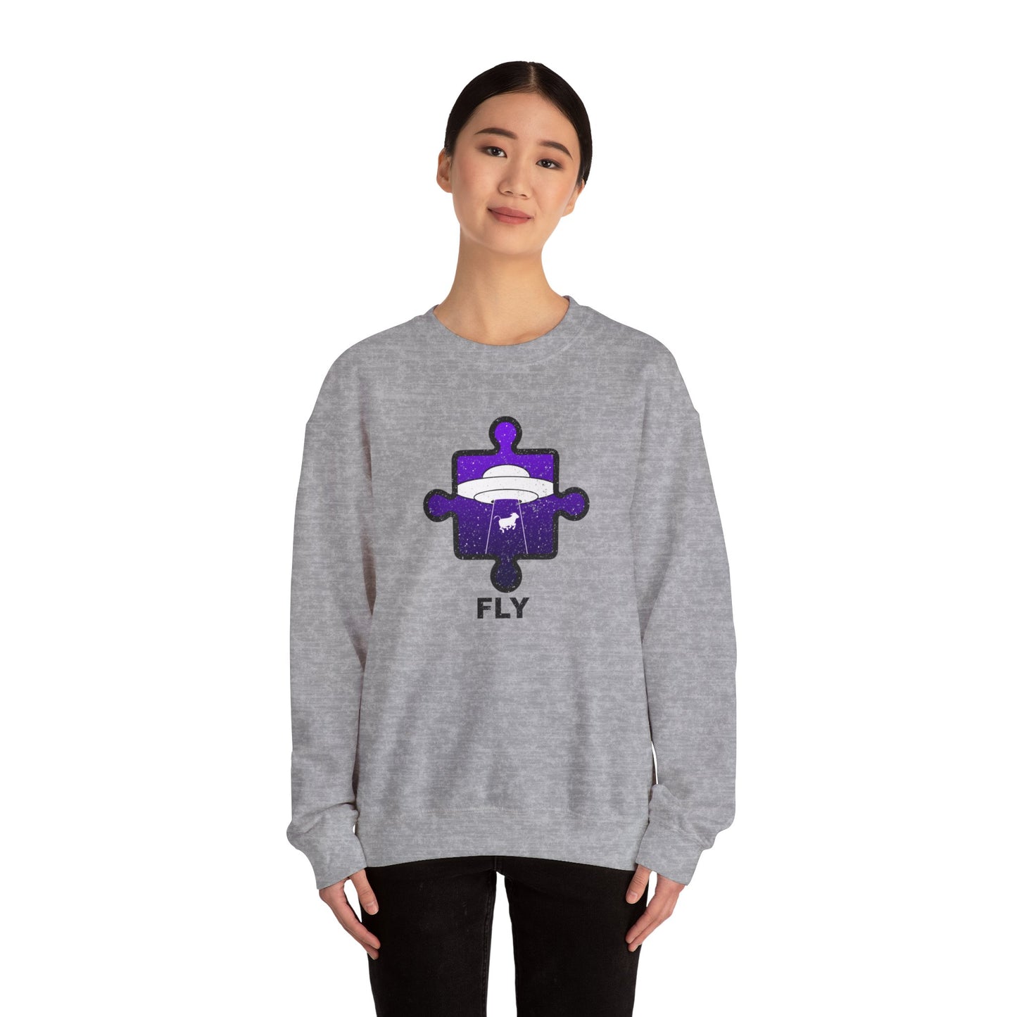 Distressed Crewneck Sweatshirt – Cow & UFO Puzzle Piece with ‘Fly’ Theme