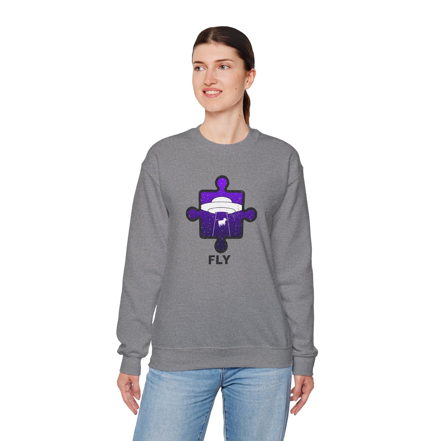 Distressed Crewneck Sweatshirt – Cow & UFO Puzzle Piece with ‘Fly’ Theme