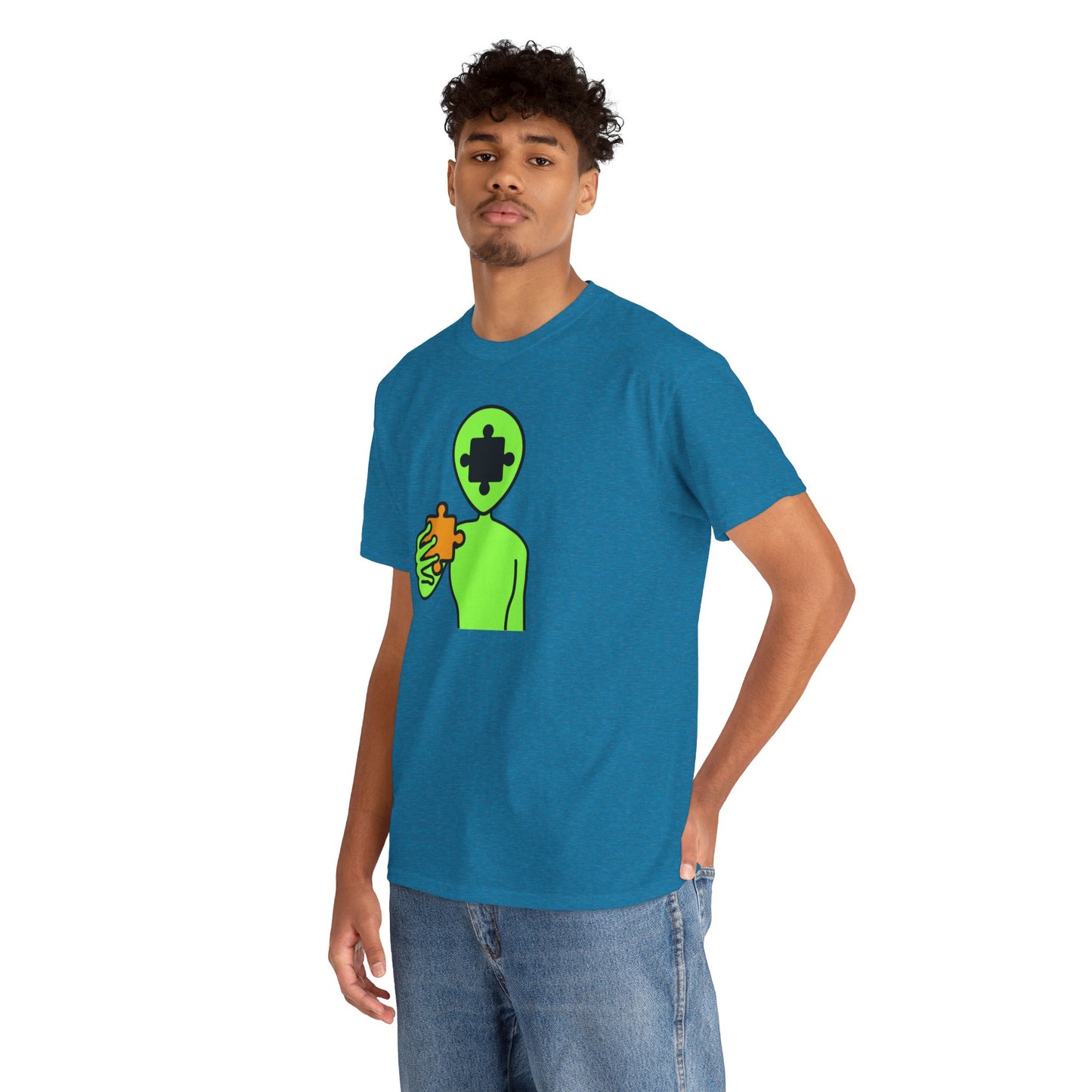 Alien Puzzle Piece T-Shirt – Clean Cosmic Design – Unisex Heavy Cotton Shirt for Life’s Mysteries