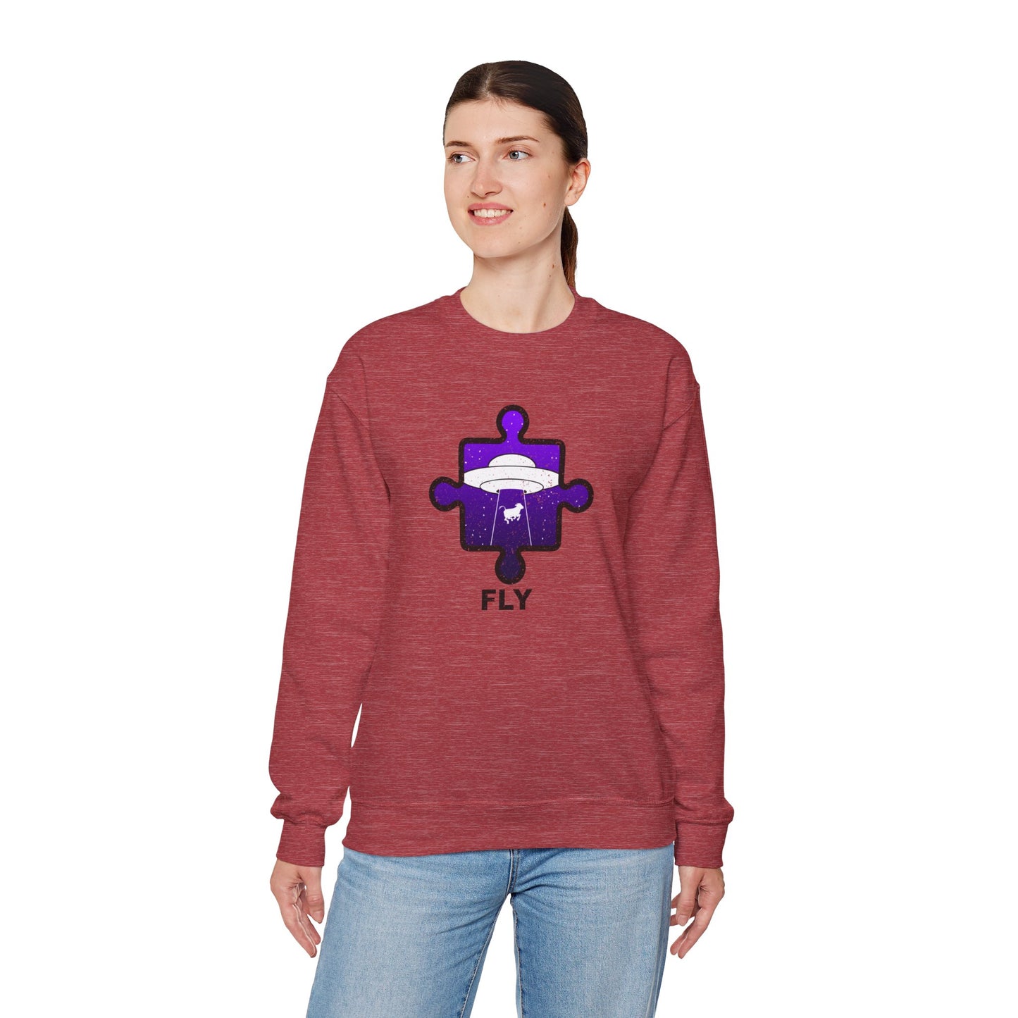 Distressed Crewneck Sweatshirt – Cow & UFO Puzzle Piece with ‘Fly’ Theme