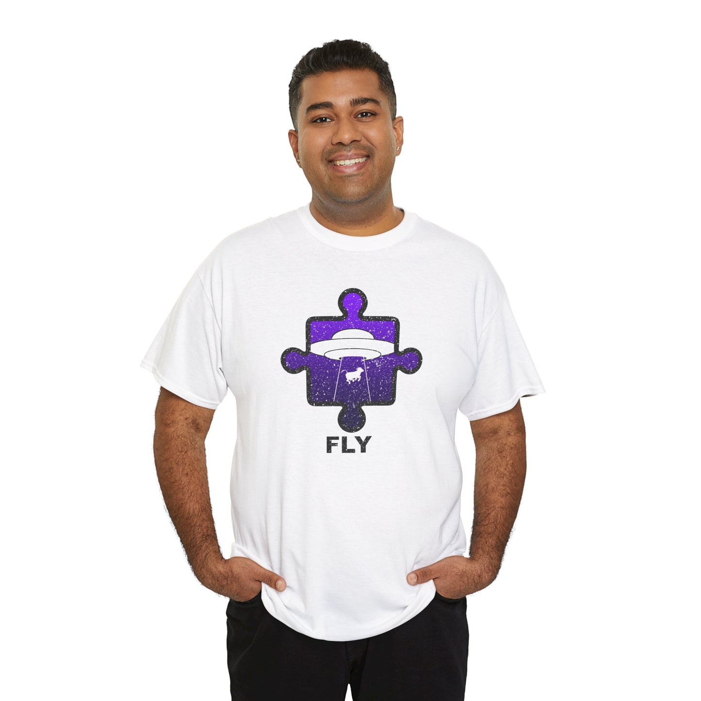 UFO Cow Abduction T-Shirt – ‘Fly’ Puzzle Piece Graphic Tee – Unisex Heavy Cotton Shirt Distressed Design