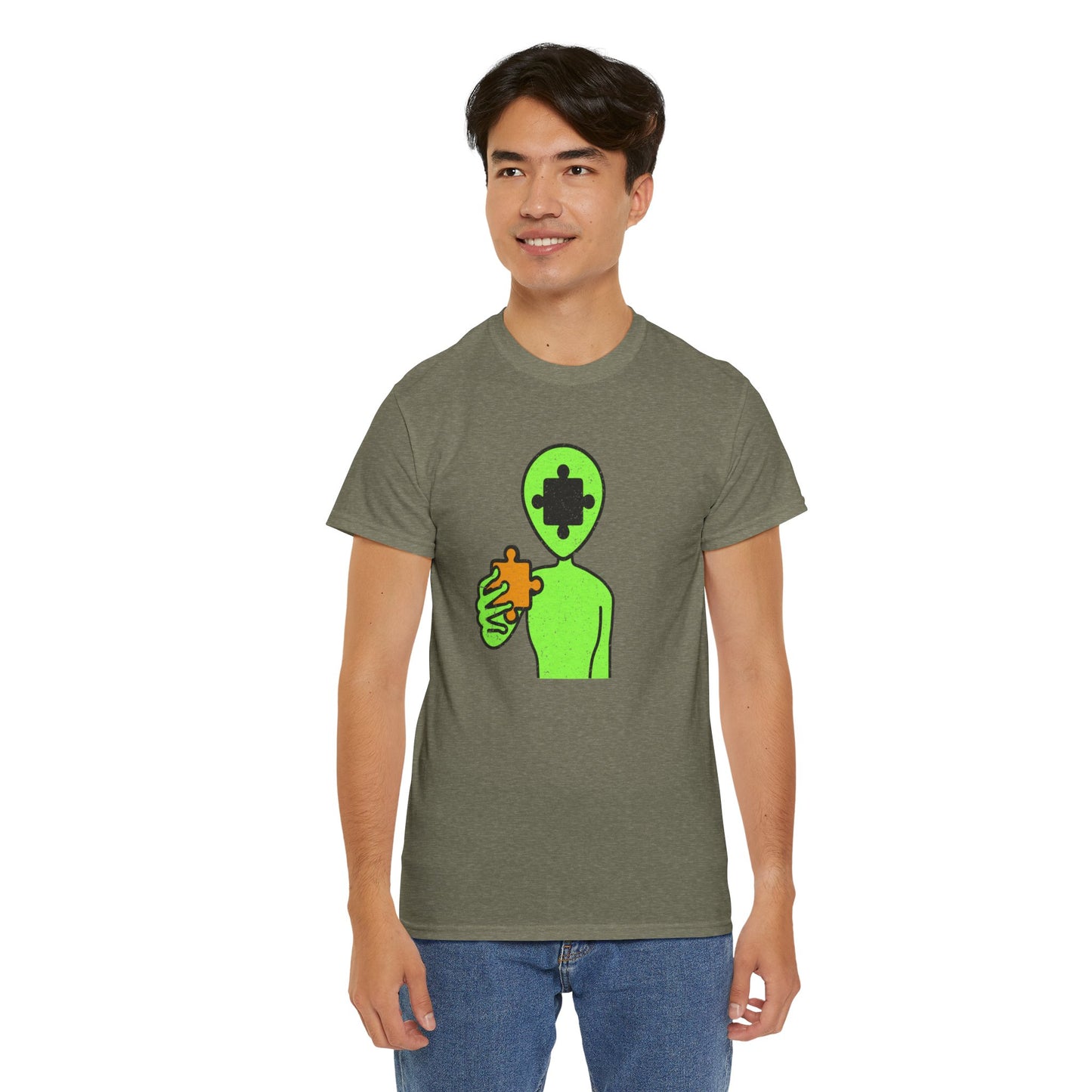 Alien Puzzle Piece T-Shirt – Distressed Cosmic Design – Unisex Heavy Cotton Shirt for Life’s Mysteries