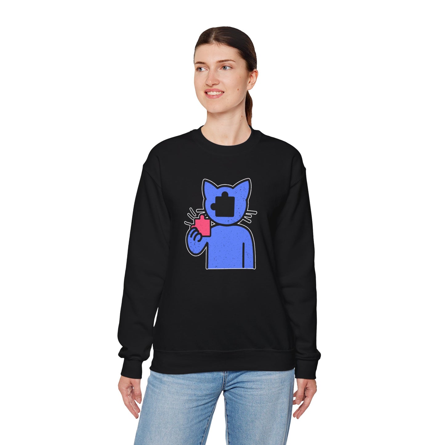 Cat Puzzle Piece Sweatshirt – Distressed Graphic Crewneck – Cozy Unisex Fleece for Life’s Puzzle Lovers