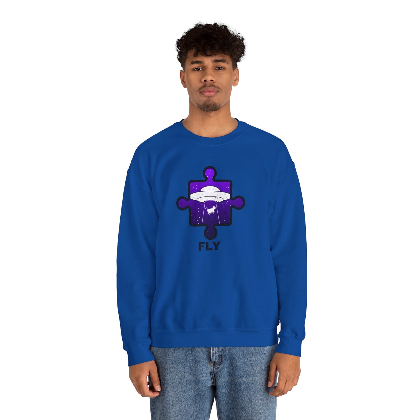 Distressed Crewneck Sweatshirt – Cow & UFO Puzzle Piece with ‘Fly’ Theme