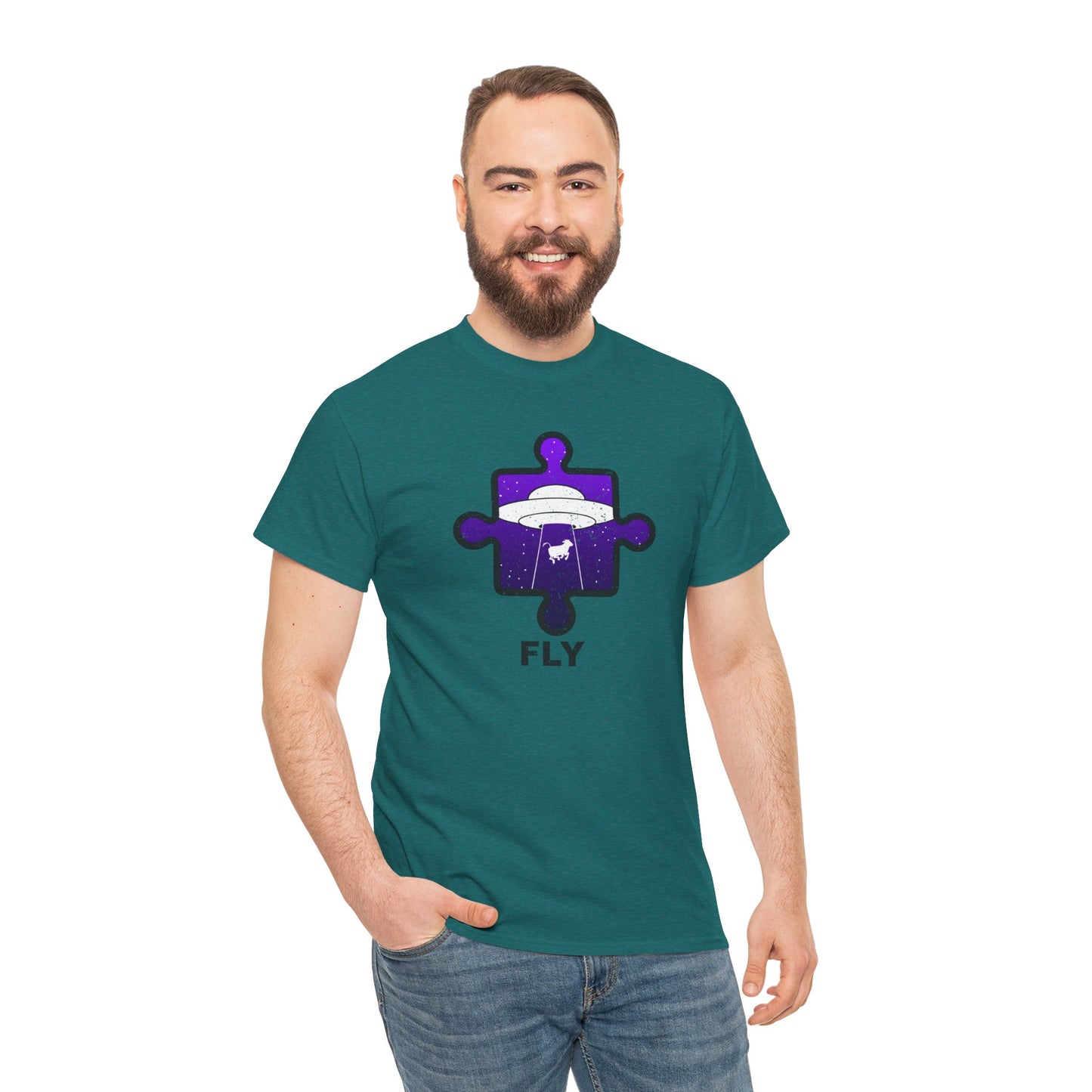 UFO Cow Abduction T-Shirt – ‘Fly’ Puzzle Piece Graphic Tee – Unisex Heavy Cotton Shirt Distressed Design