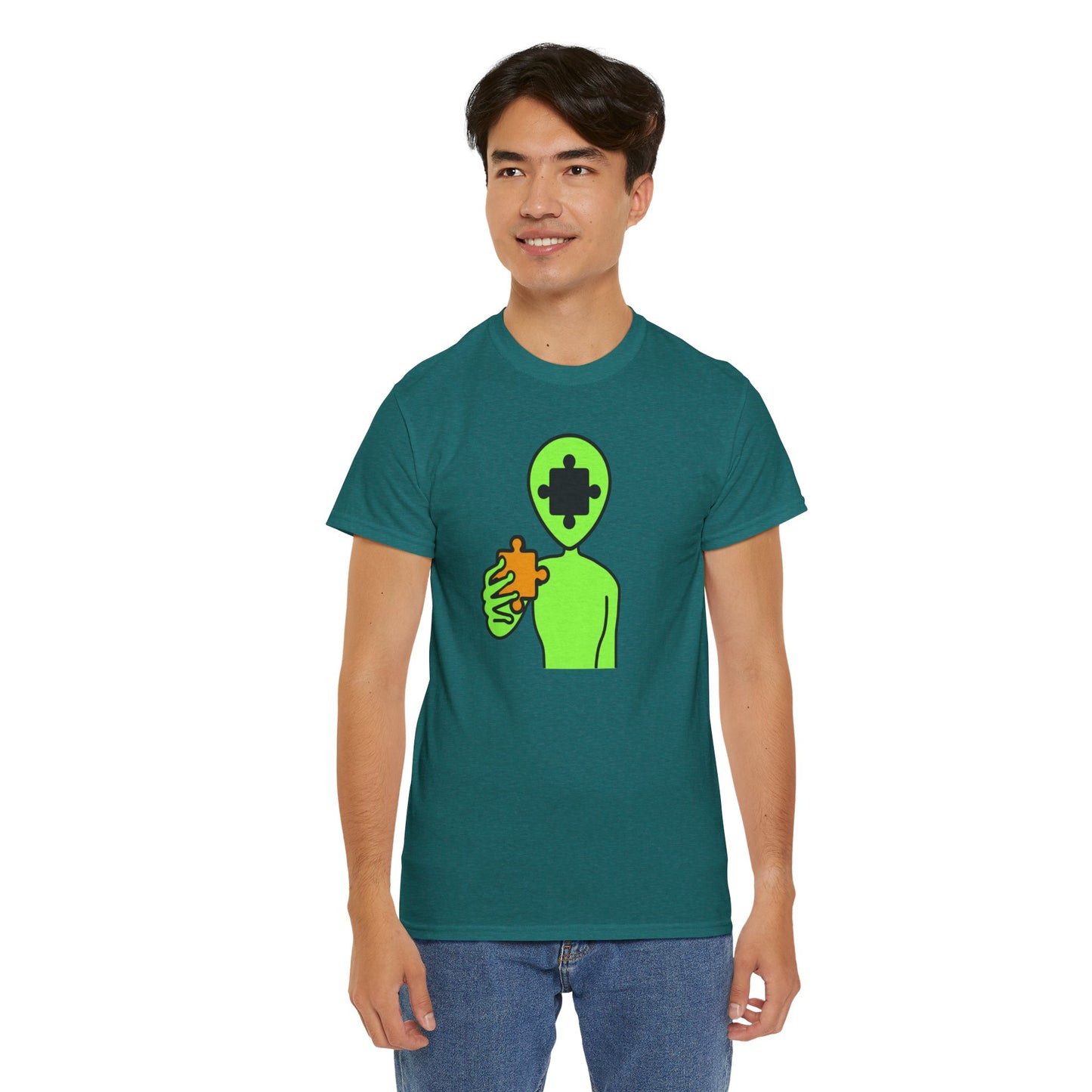 Alien Puzzle Piece T-Shirt – Clean Cosmic Design – Unisex Heavy Cotton Shirt for Life’s Mysteries