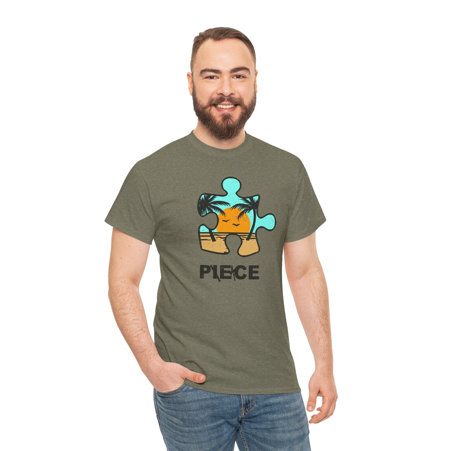 Peace Puzzle Piece T-Shirt – Distressed Beach Graphic Tee – Unisex Heavy Cotton Shirt for Tranquil Vibes