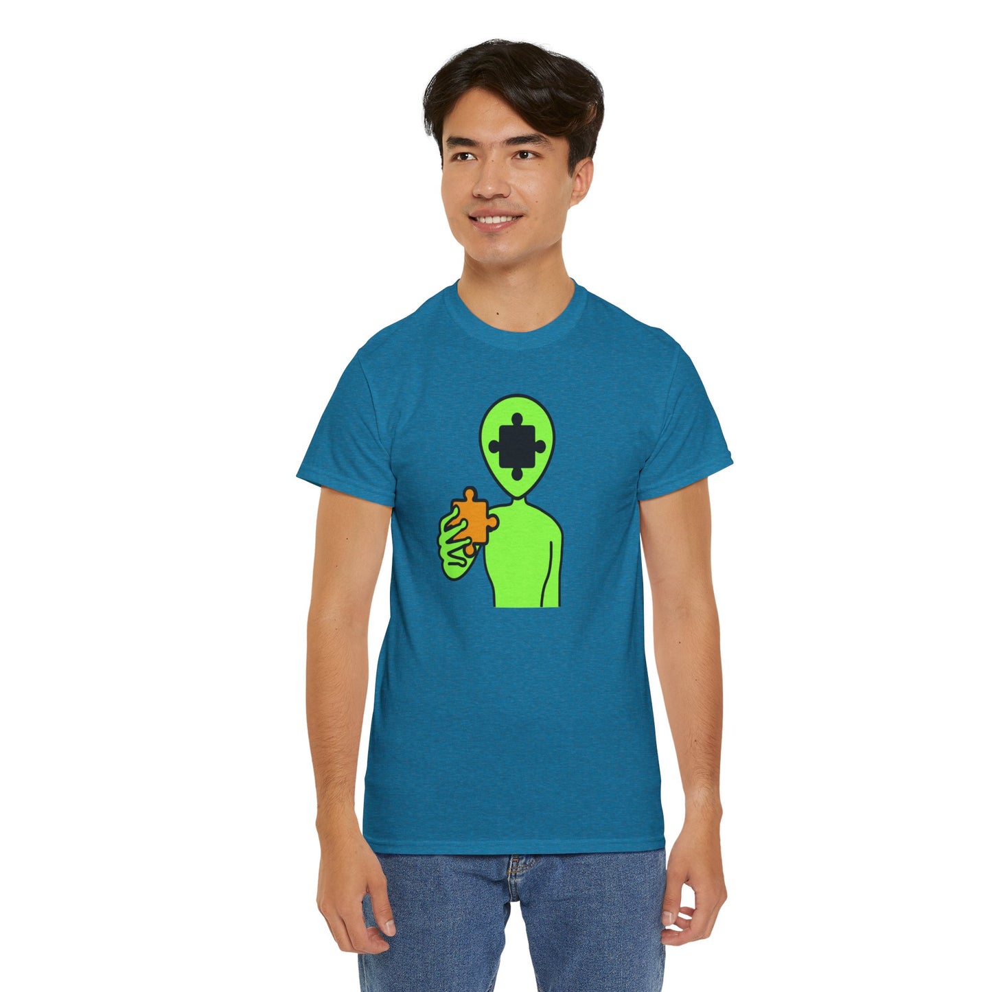 Alien Puzzle Piece T-Shirt – Clean Cosmic Design – Unisex Heavy Cotton Shirt for Life’s Mysteries