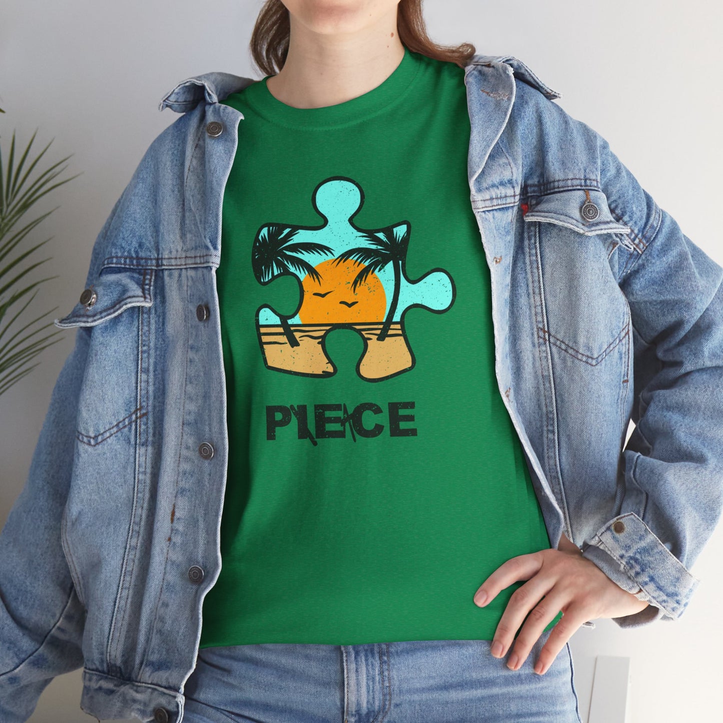 Peace Puzzle Piece T-Shirt – Distressed Beach Graphic Tee – Unisex Heavy Cotton Shirt for Tranquil Vibes