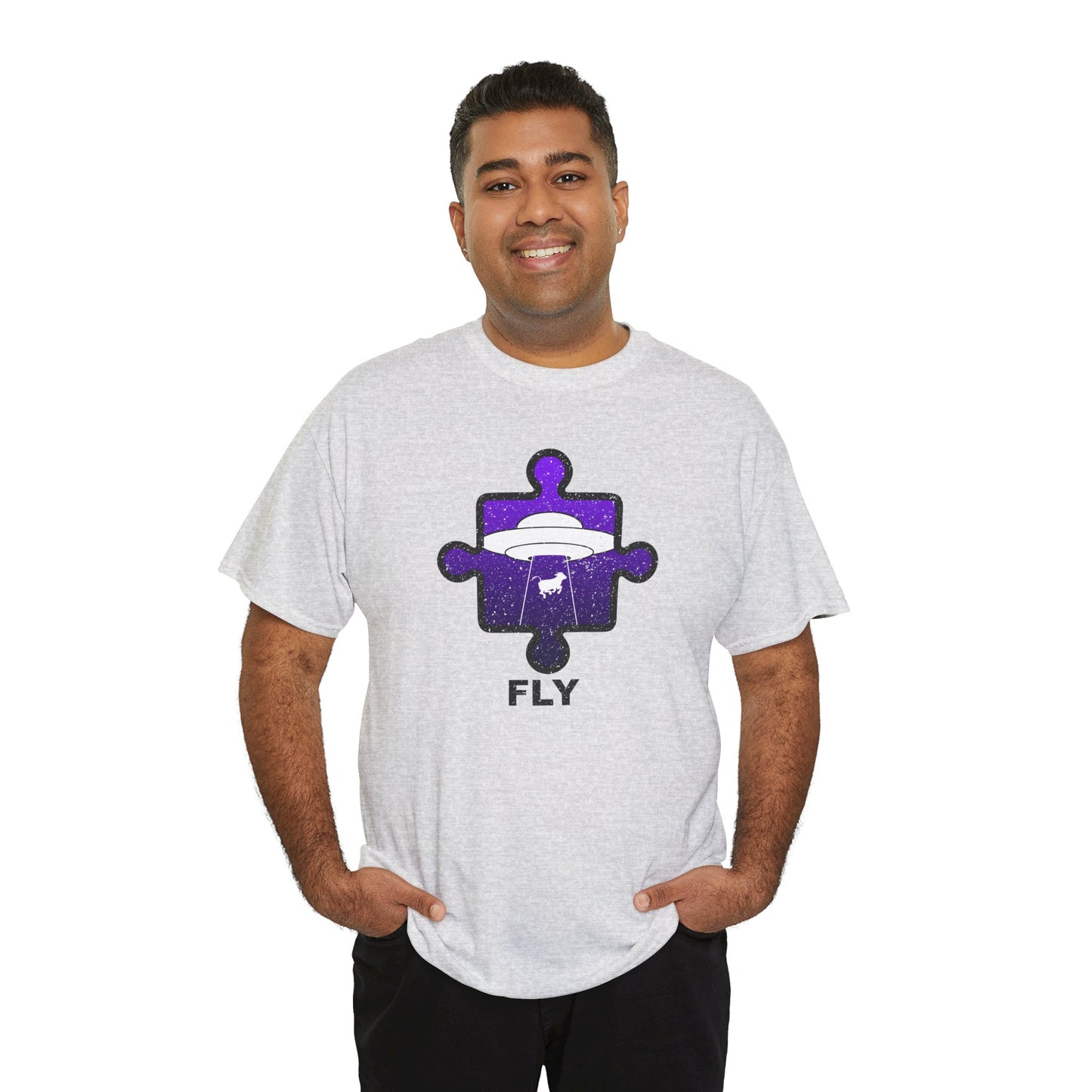 UFO Cow Abduction T-Shirt – ‘Fly’ Puzzle Piece Graphic Tee – Unisex Heavy Cotton Shirt Distressed Design